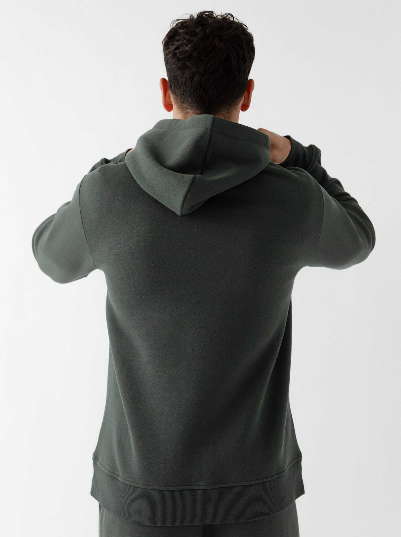 Back of man wearing storm cityscape hoodie |Color:Storm