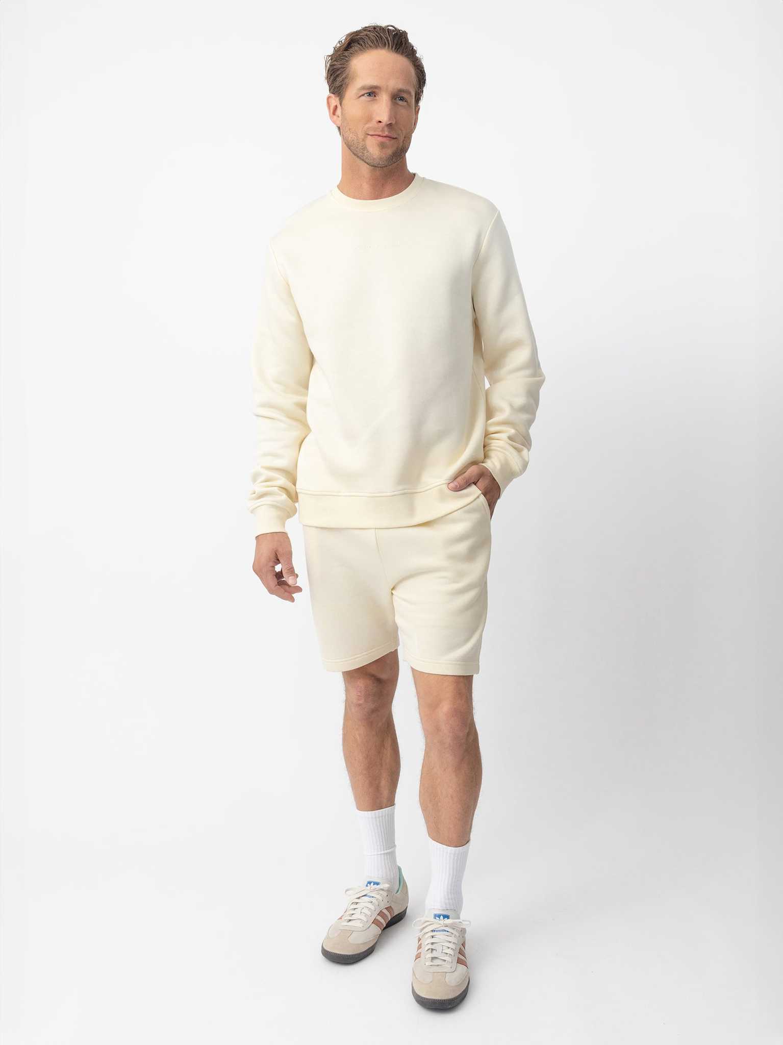Man wearing Alabaster cityscape crewneck with white background |Color:Alabaster
