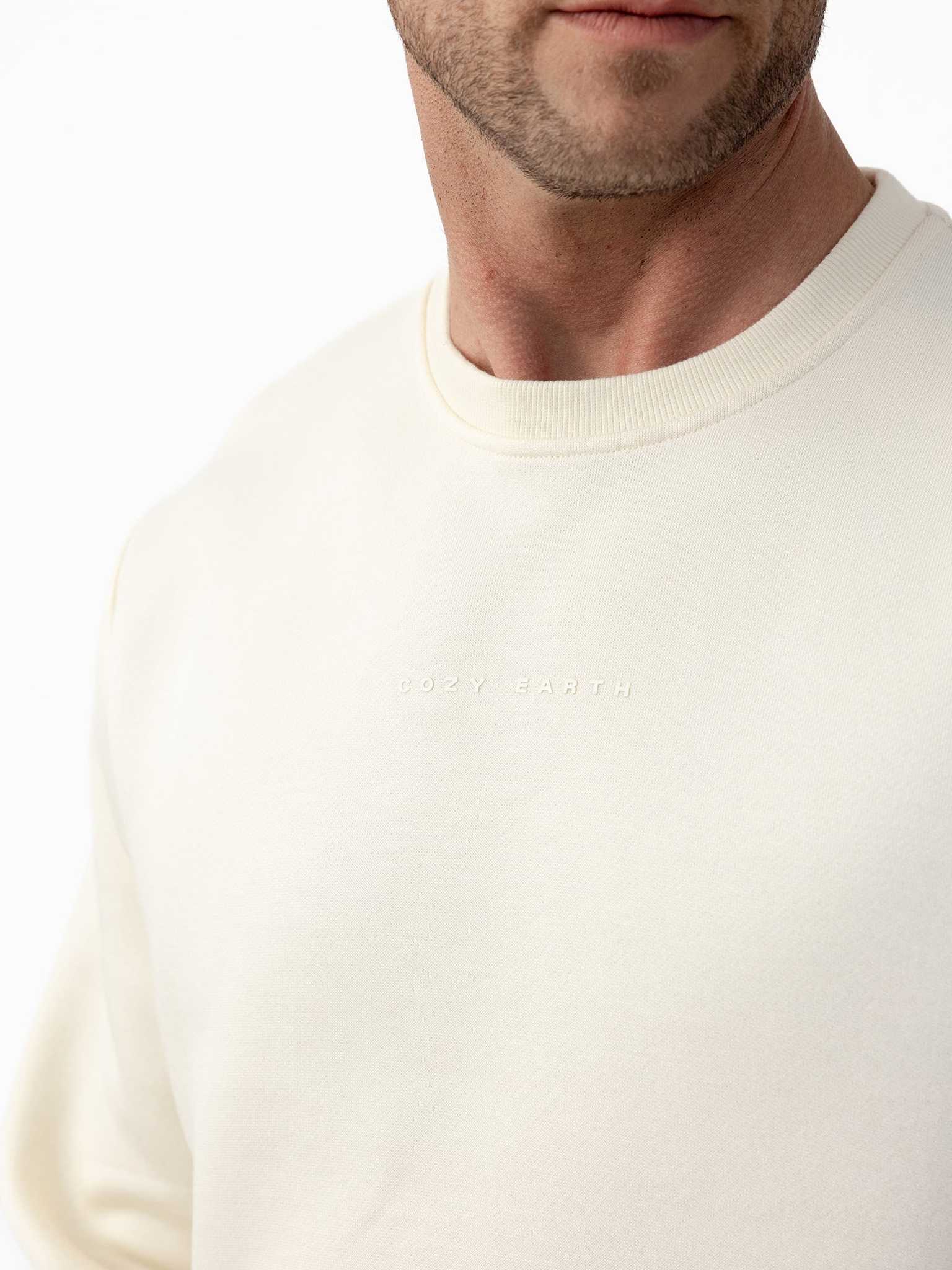 Man wearing Alabaster cityscape crewneck with white background |Color:Alabaster