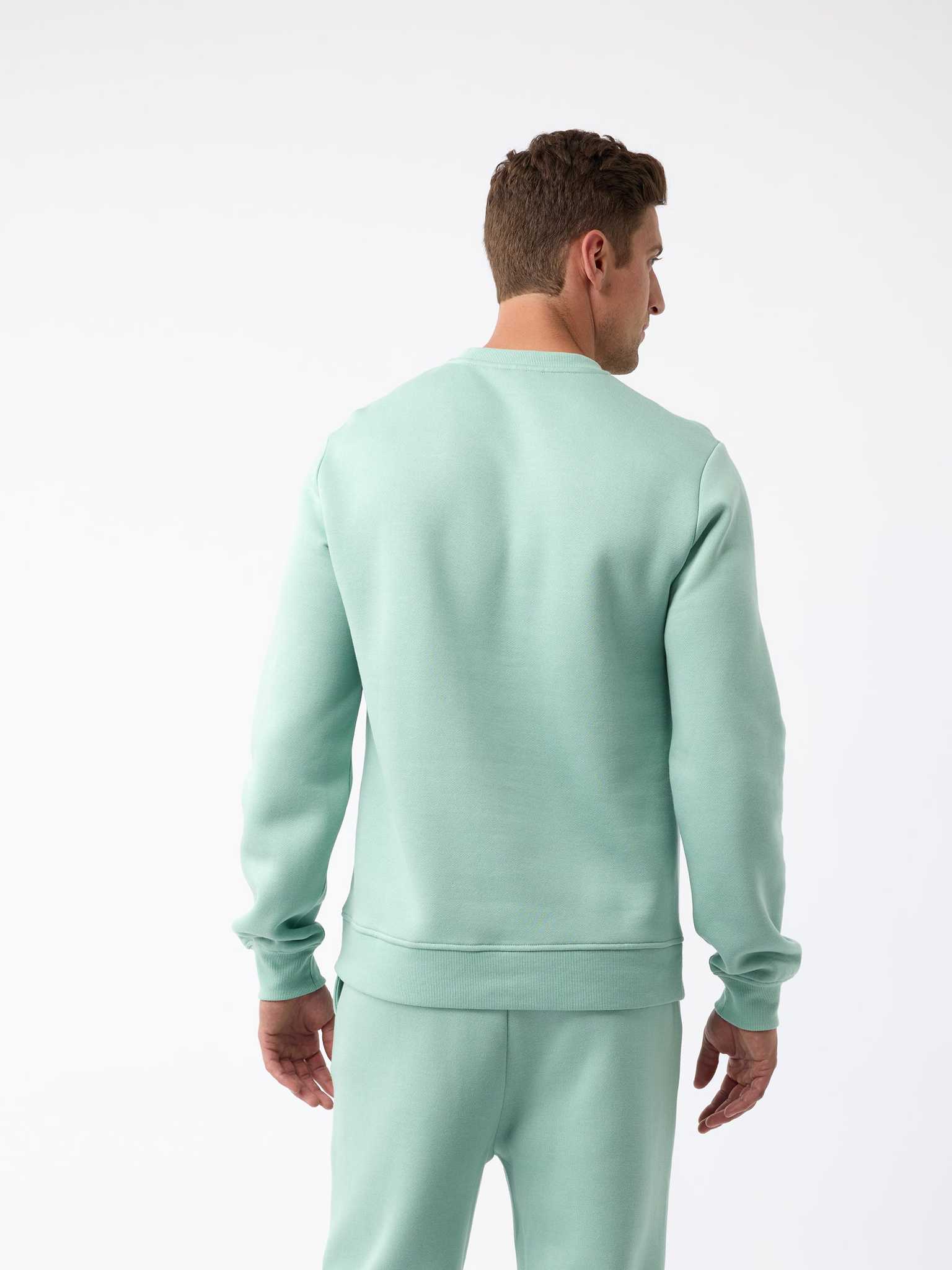 A person stands with their back to the camera, wearing the Men's CityScape Crewneck from Cozy Earth in light green, paired with matching pants. The background is plain white. |Color:Wintergreen
