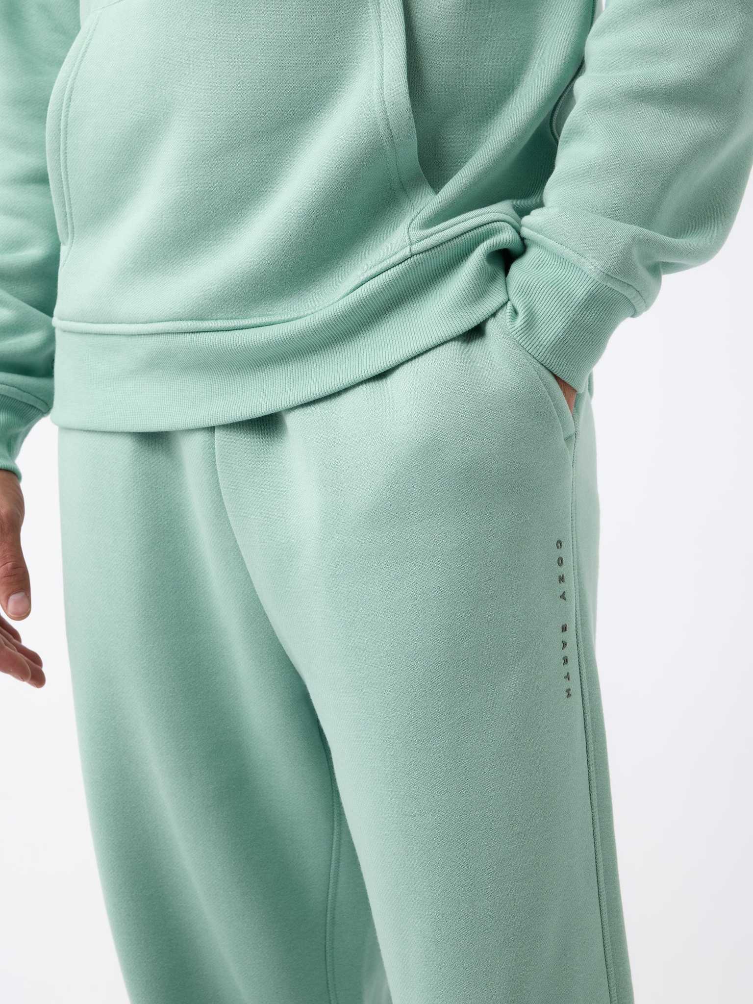 A person wearing Cozy Earth's Men's CityScape Sweatpant in a light green color, with one hand in the pocket. The material looks soft and comfortable, ideal for casual or athletic wear, and features subtle text on the side. |Color:Wintergreen