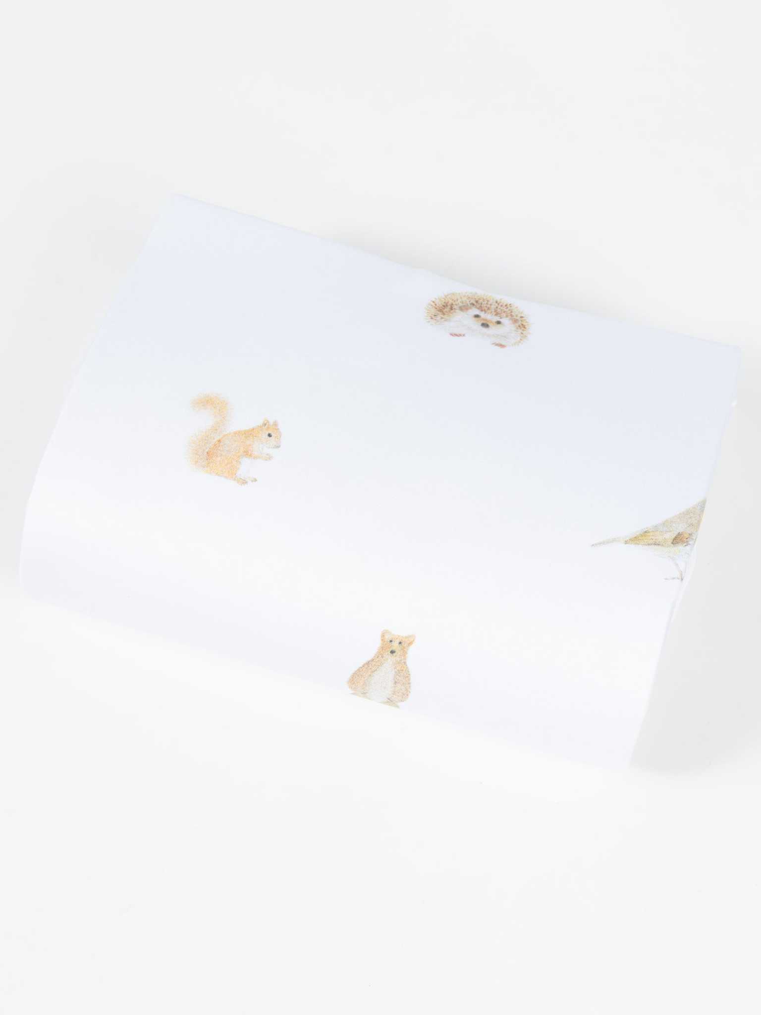The Cozy Earth Bamboo Duvet Cover features white fabric adorned with delicate, spaced illustrations of a hedgehog, squirrel, fox, and bird against a plain background. |Color:Woodland Creatures