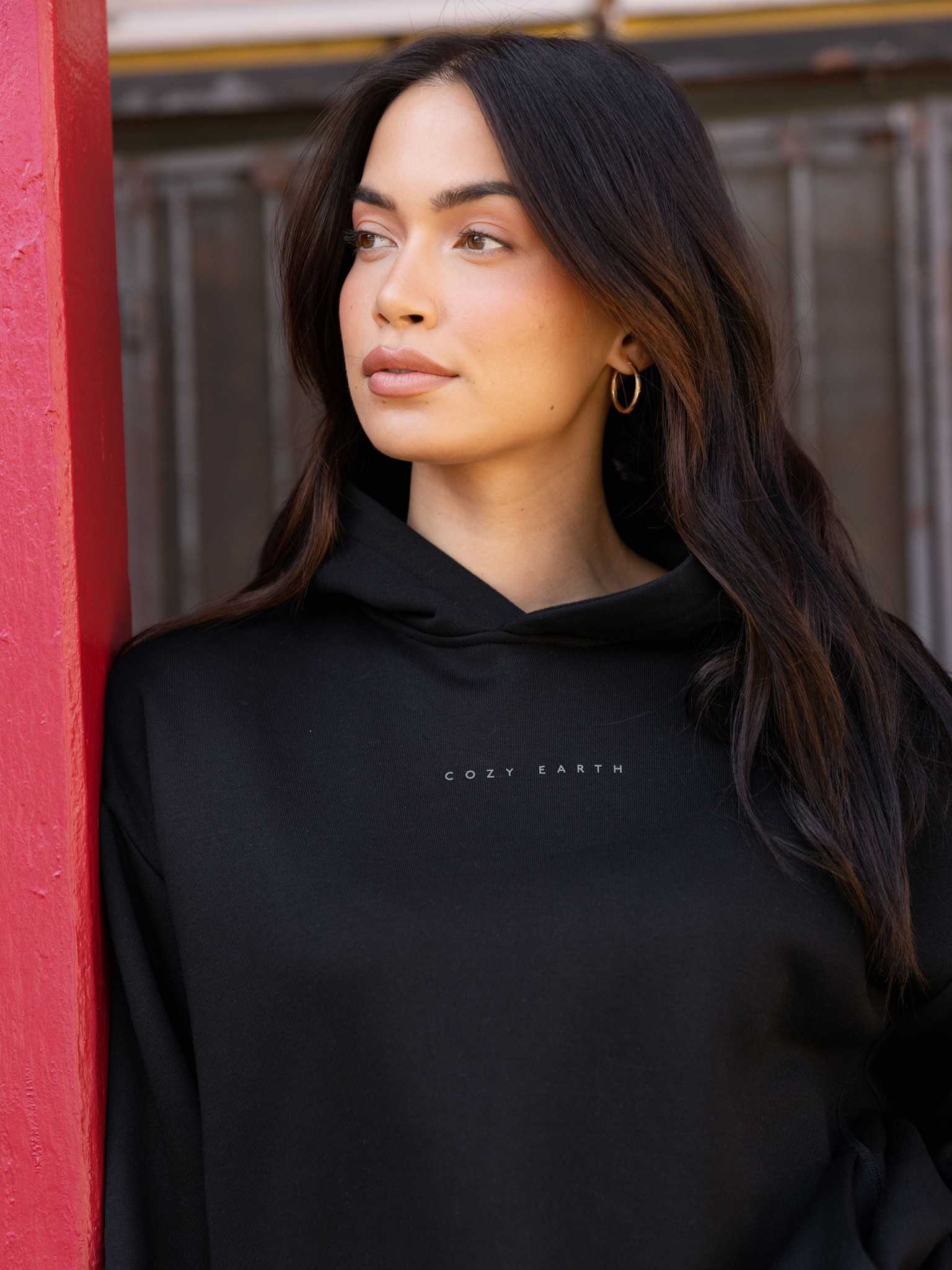 Close up of woman wearing black cityscape hoodie |Color:Black