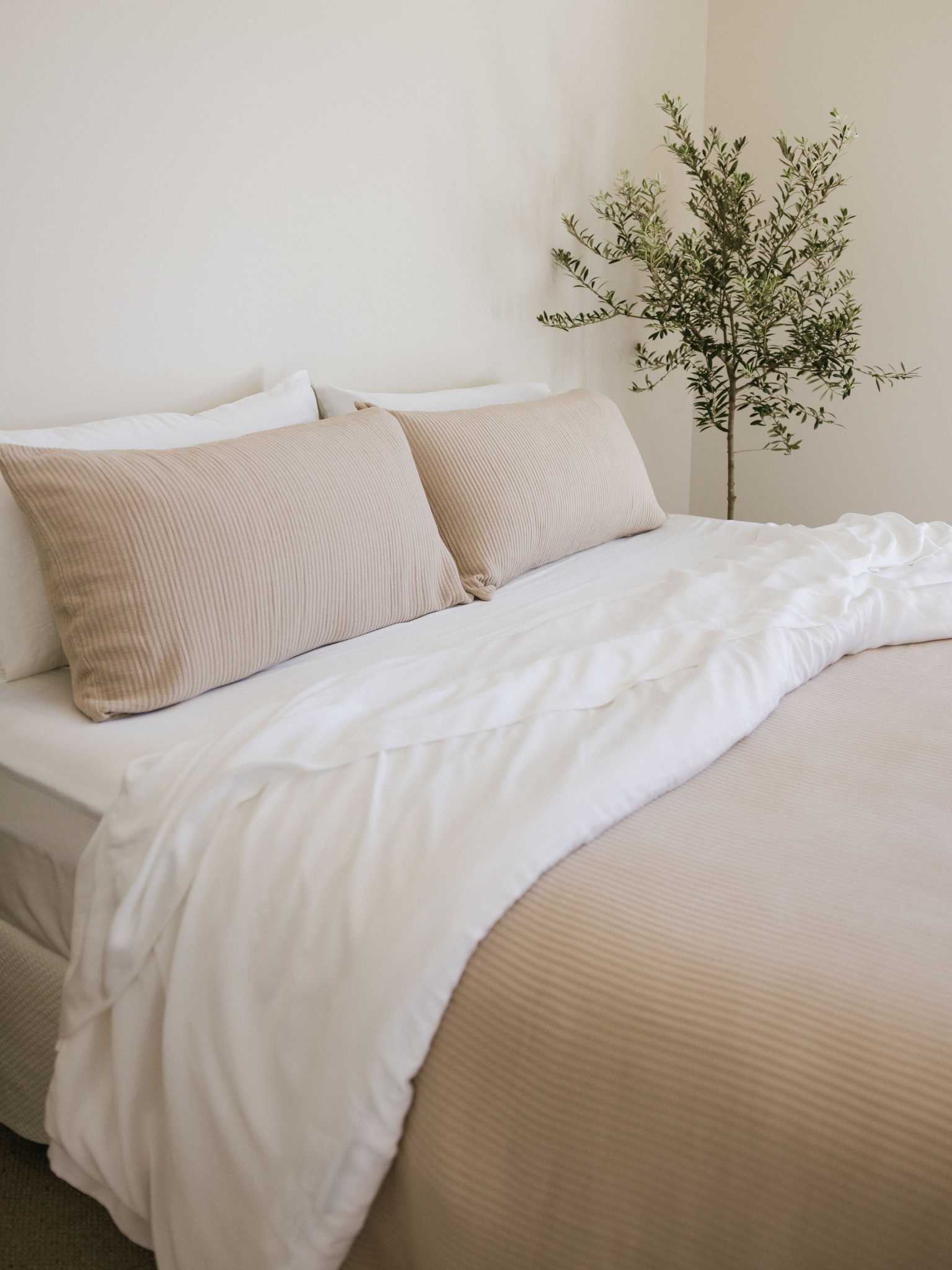 Driftwood coverlet and shams on a bed |Color:Driftwood