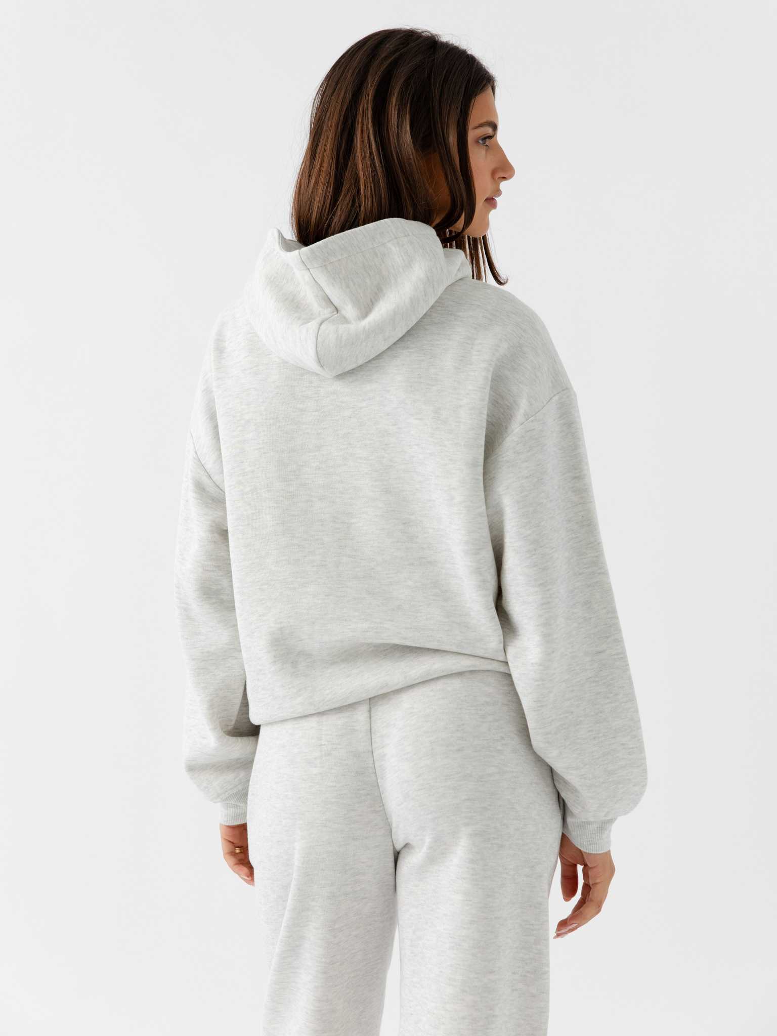 Back of woman wearing heather grey cityscape hoodie |Color:Heather Grey