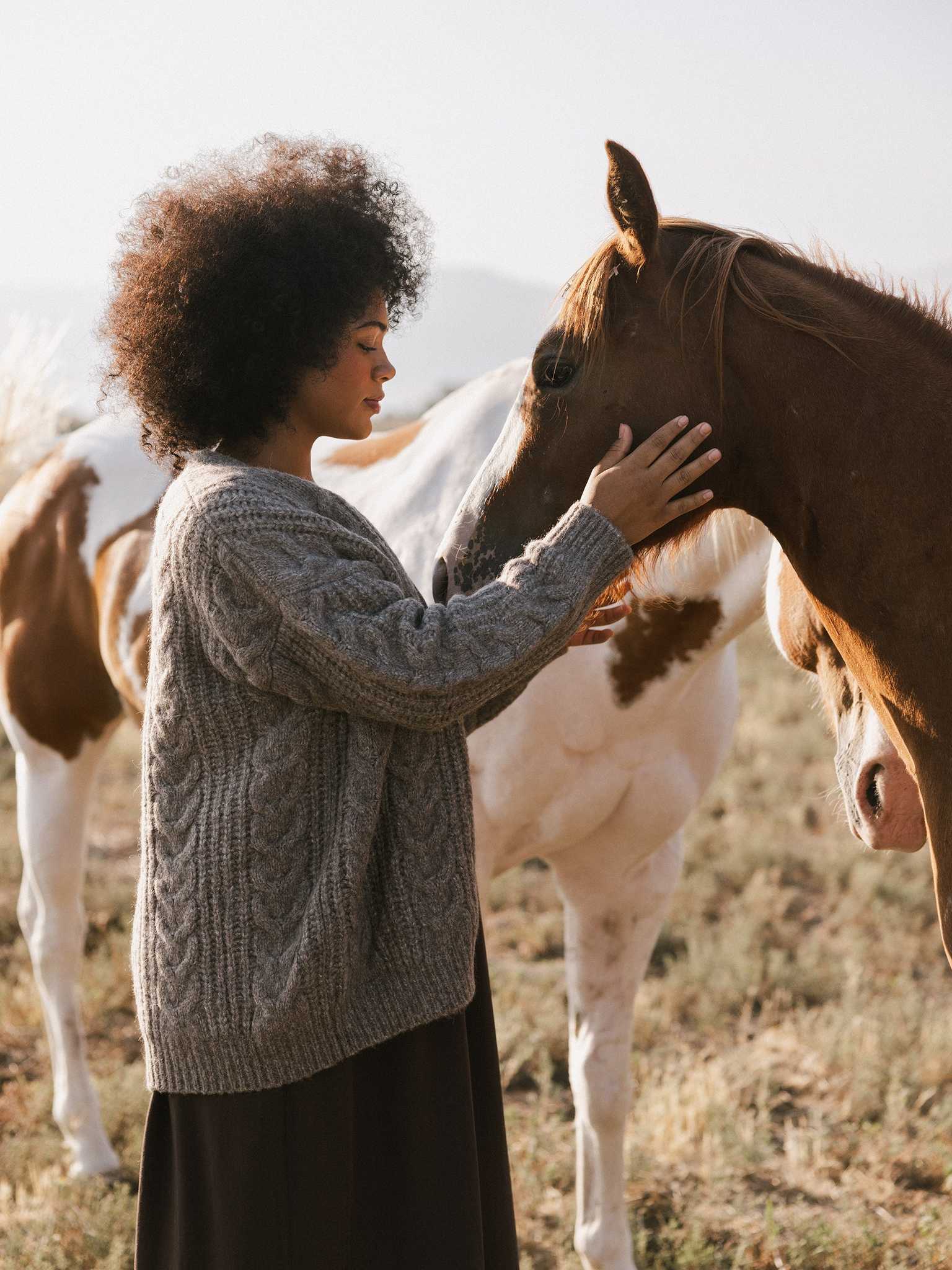 A person stands in a field, softly touching the nose of a horse with a white mane. They are wearing an Oversized Cable Knit Cardigan by Cozy Earth, and there are other horses in the background. The scene is peaceful and serene. |Color:Oxford