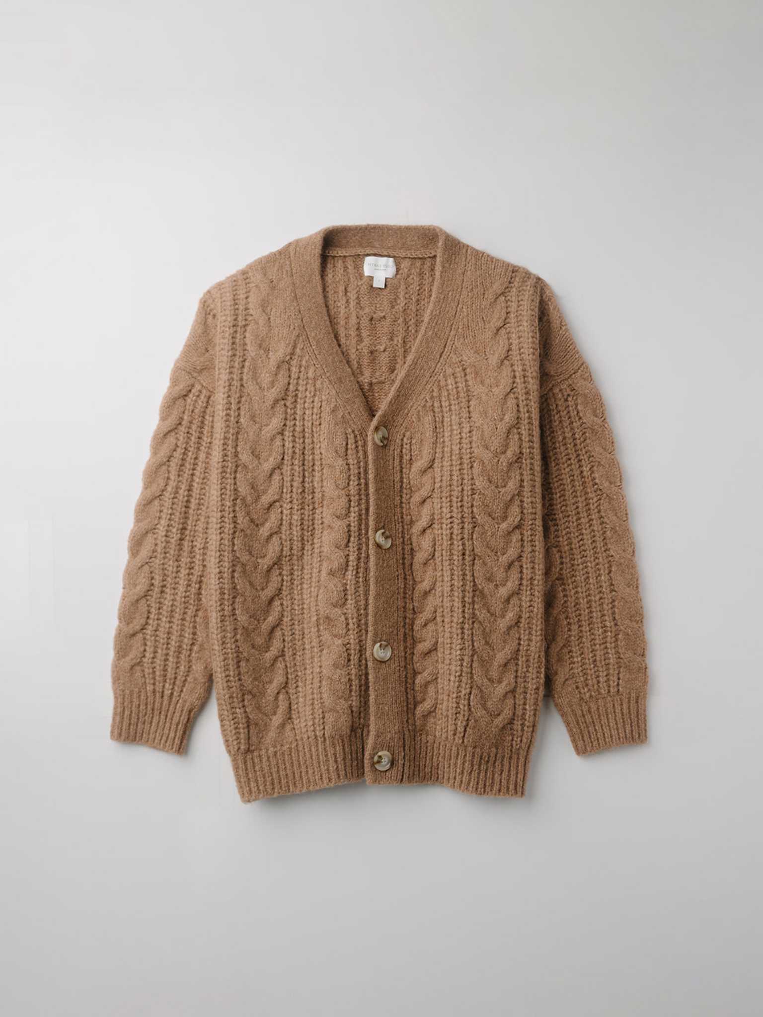 Flay lay of camel cable knit cardigan with white background |Color:Camel