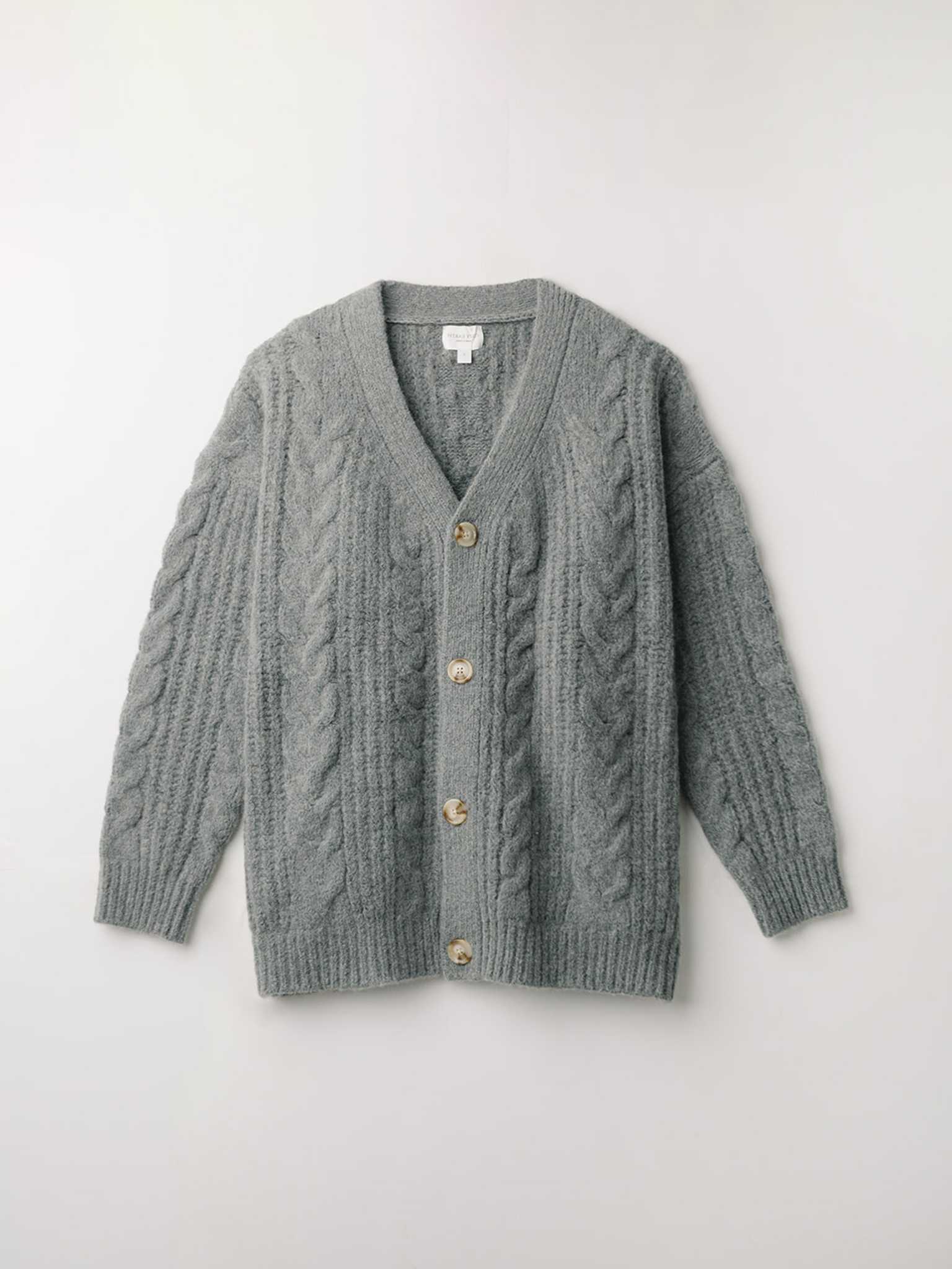 Flat lay of thyme cable knit cardigan with white background |Color:Thyme