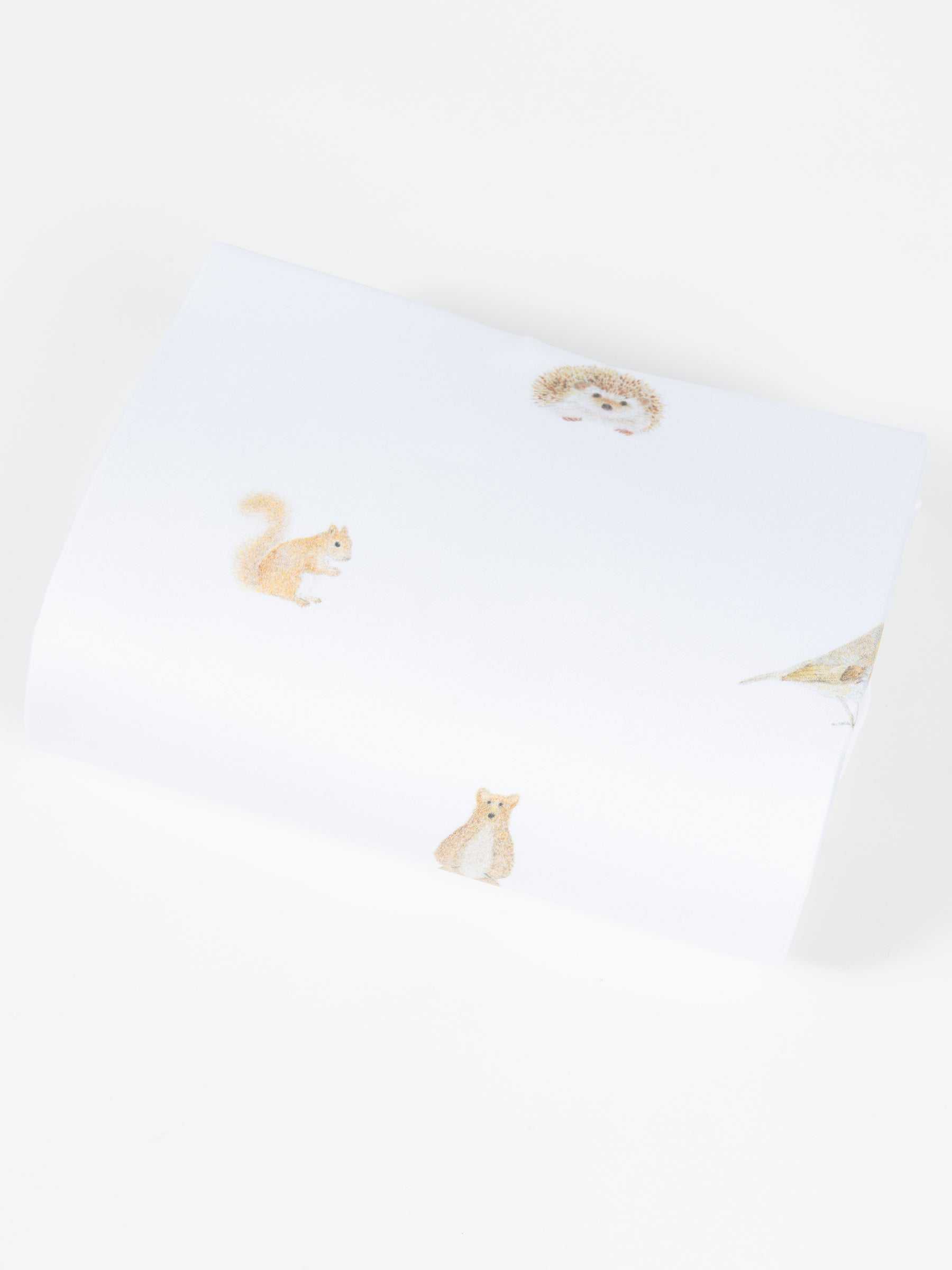 The Cozy Earth Bamboo Duvet Cover features white fabric adorned with delicate, spaced illustrations of a hedgehog, squirrel, fox, and bird against a plain background. |Color:Woodland Creatures