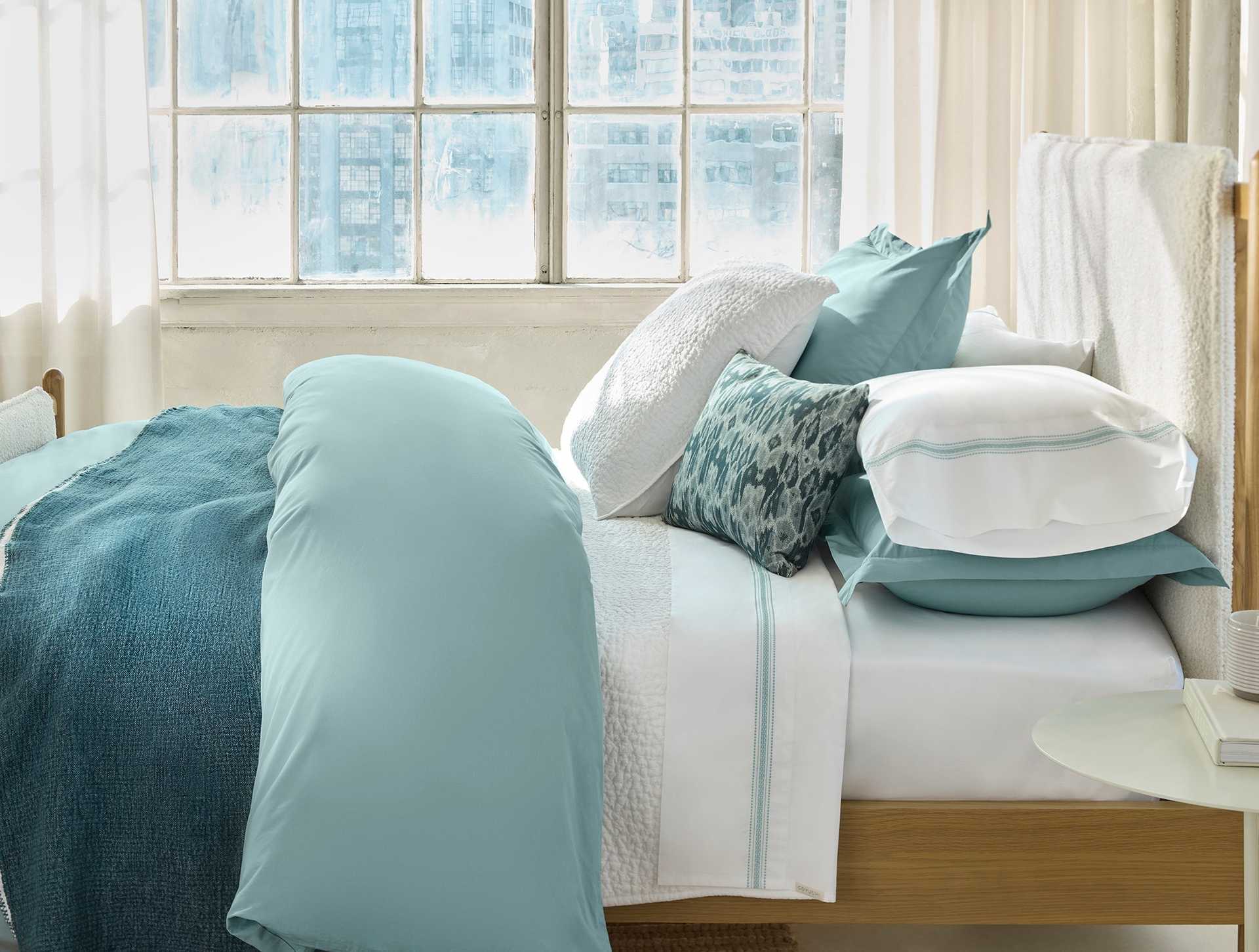 Landscape Embroidered Organic Percale Sheet Set - Coyuchi | Alpine White w/Pacific Blue