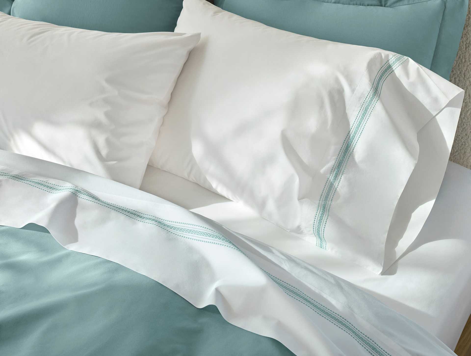 Landscape Embroidered Organic Percale Sheet Set - Coyuchi | Alpine White w/Pacific Blue