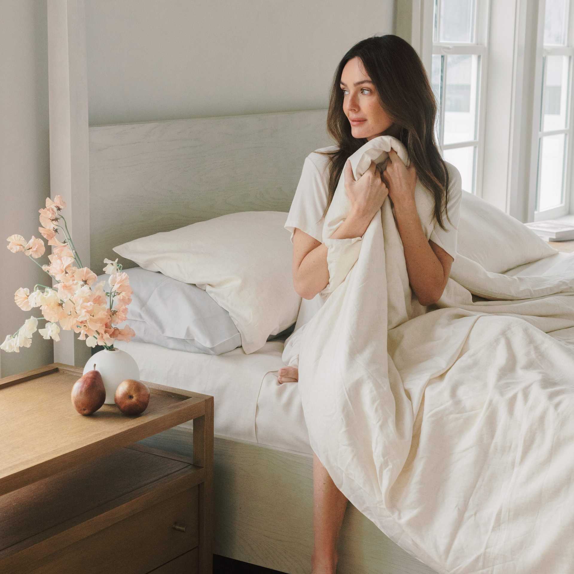 Natural Light Duvet Cover and comforter resting on a bed. |Color: Natural