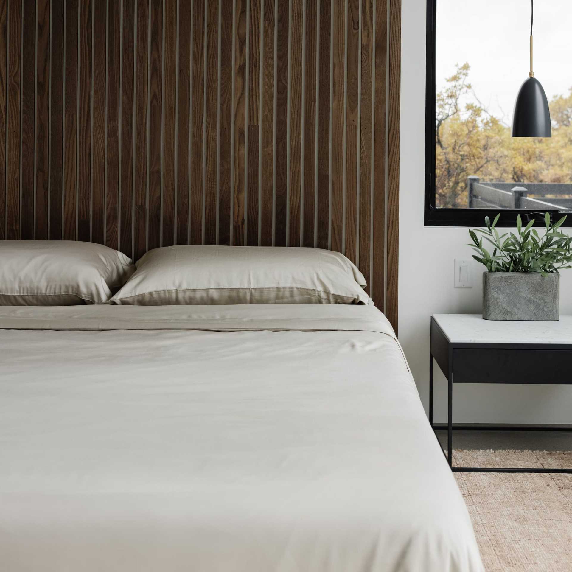 Driftwood pillows and duvet cover on a made bed |Color:Driftwood