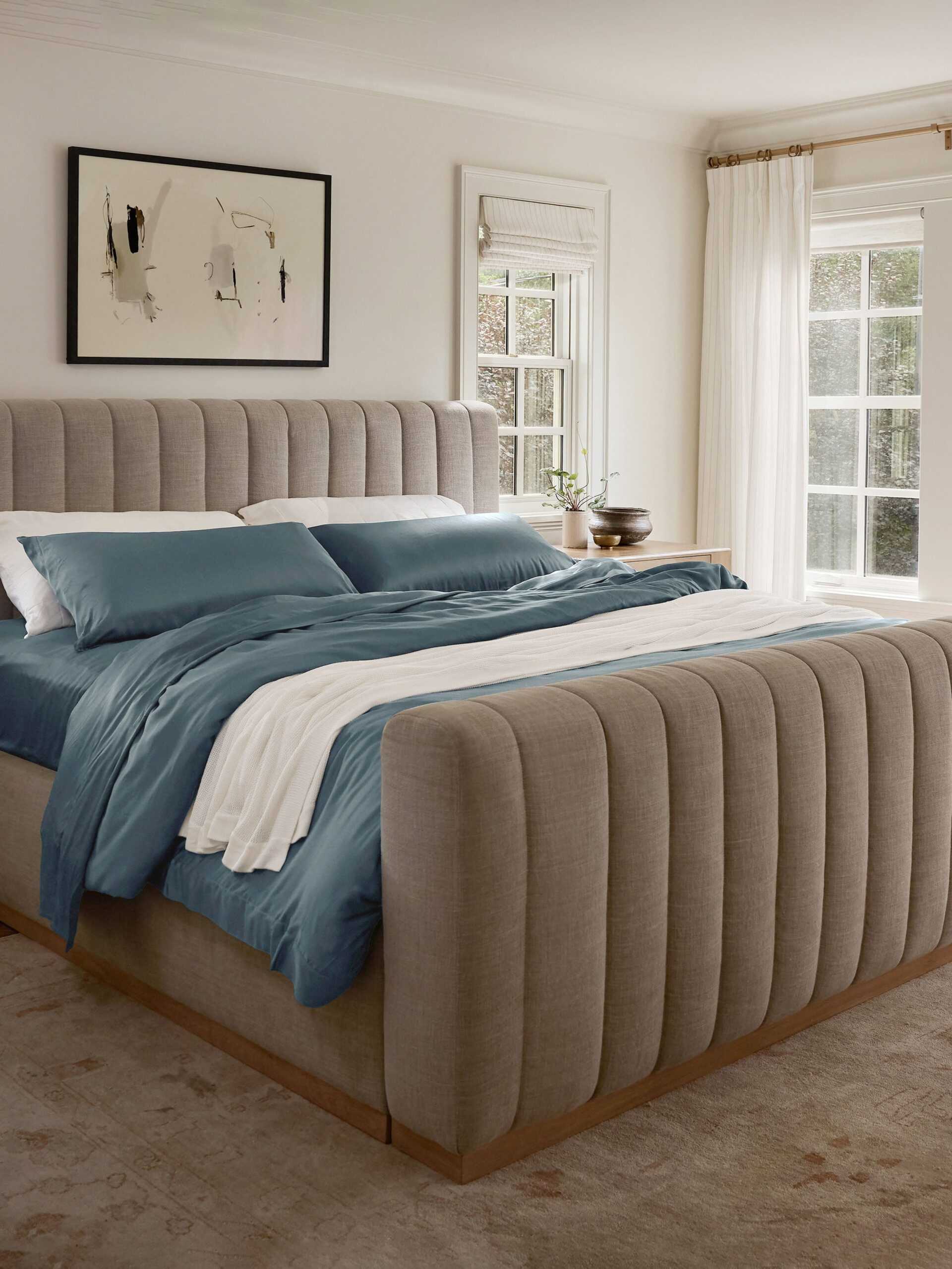 Bed with pacific blue bedding and a blanket draped across |Color:Pacific Blue