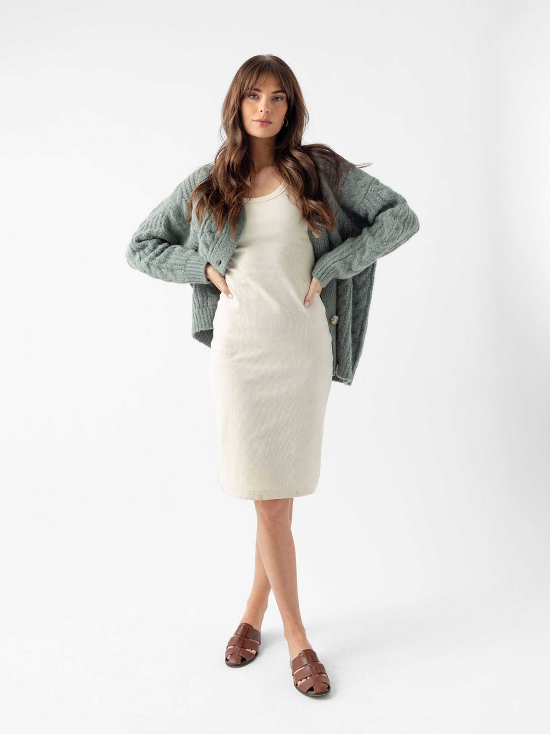 Woman wearing off-white dress with thyme cardigan with white background |Color:Thyme