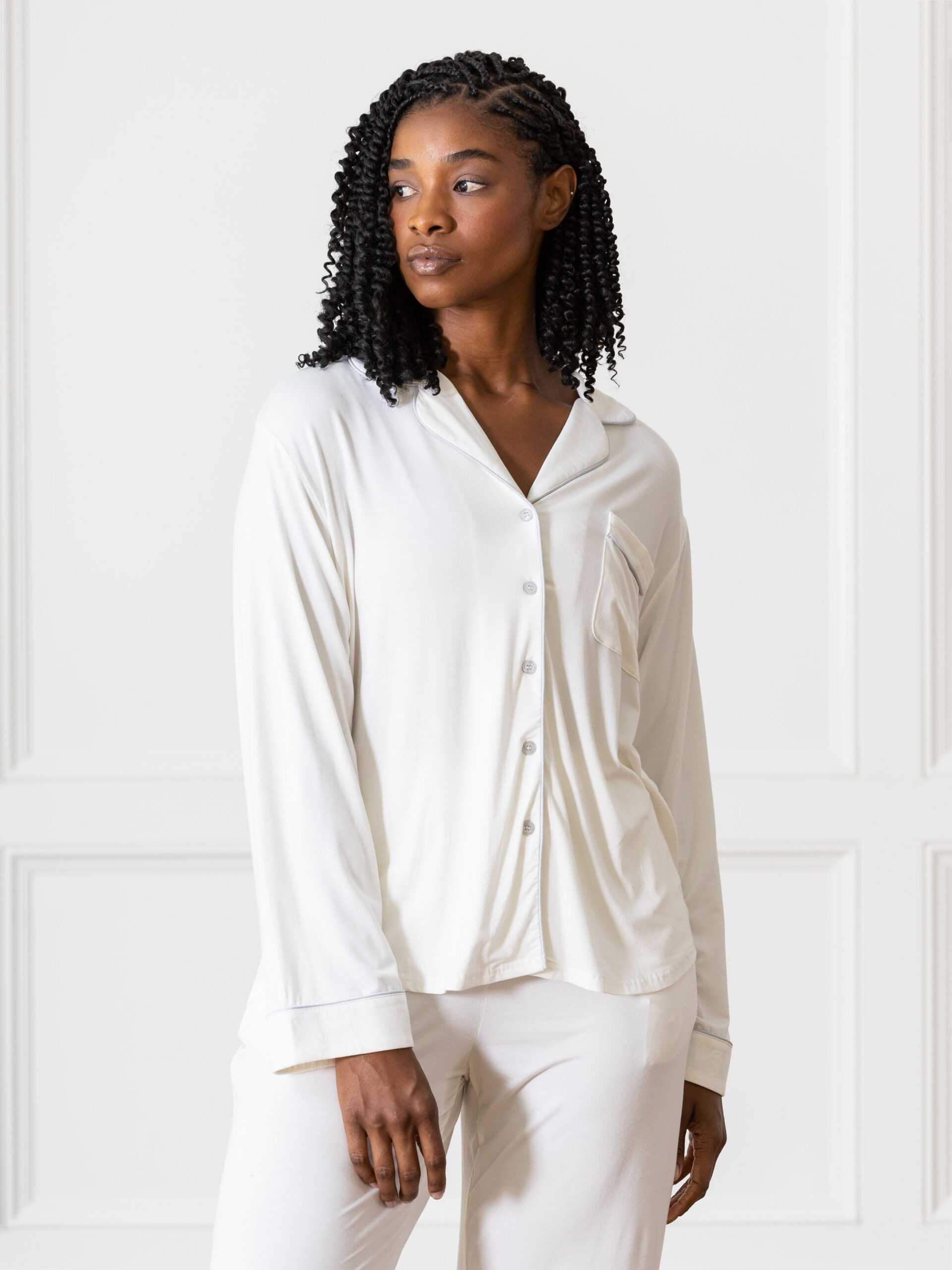 Woman in ivory PJ set in front of white wall |Color:Ivory
