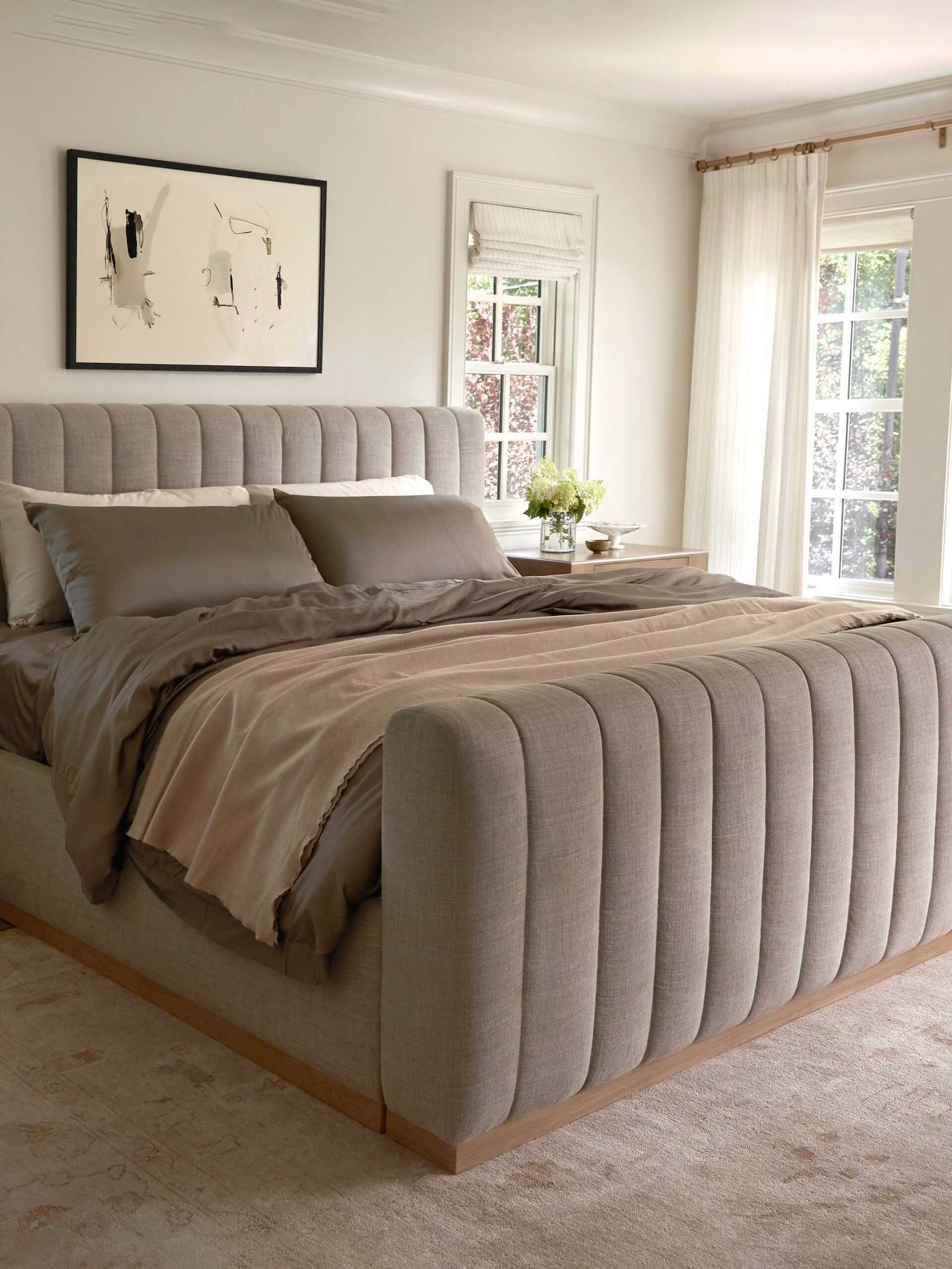 Bed with walnut bedding and a cashmere blanket draped across |Color:Walnut