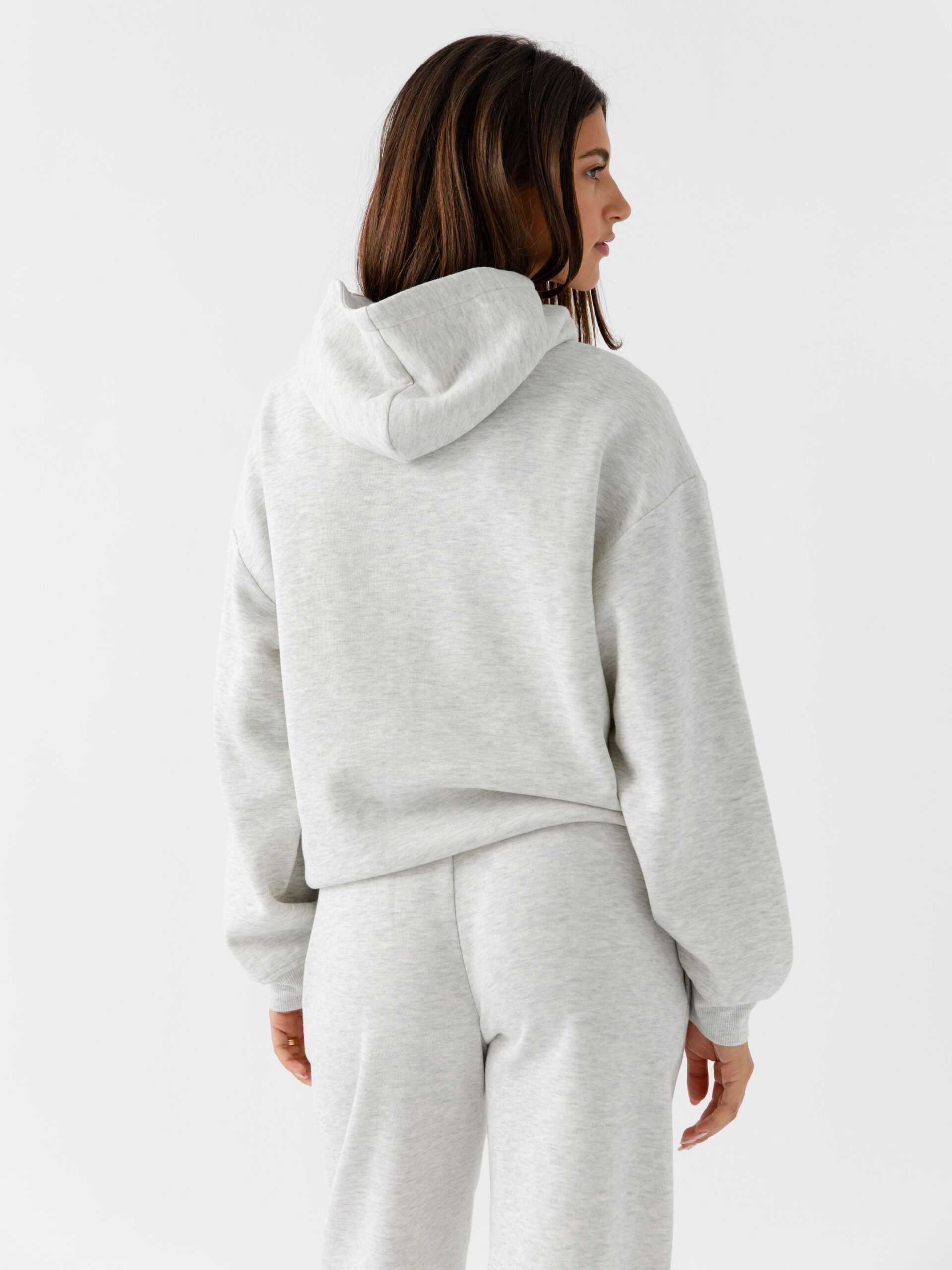 Back of woman wearing heather grey cityscape hoodie |Color:Heather Grey