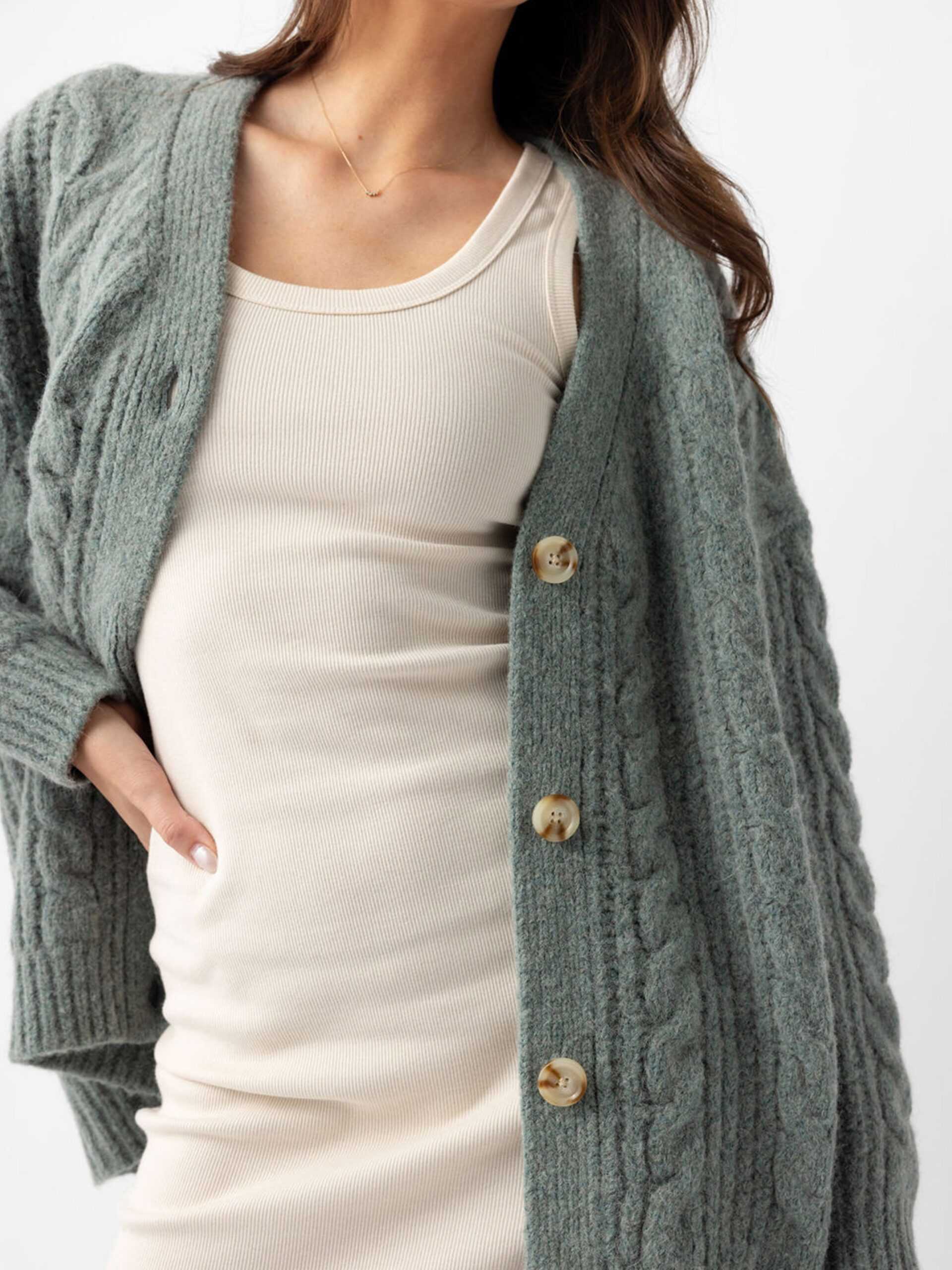 Close up of woman wearing thyme cardigan over off-white dress |Color:Thyme