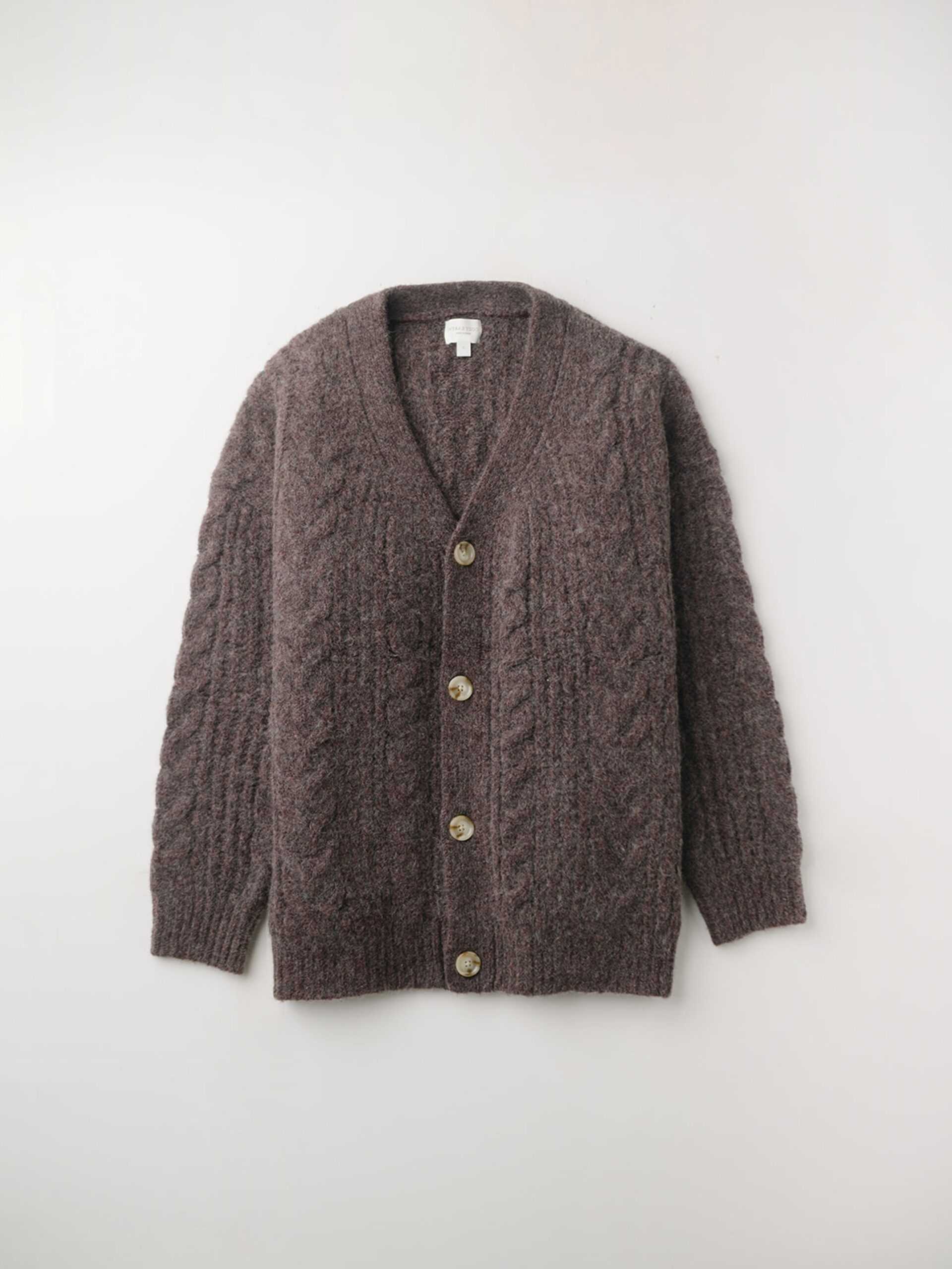 Flat lay of bordeauc cable knit cardigan with white background |Color:Bordeaux
