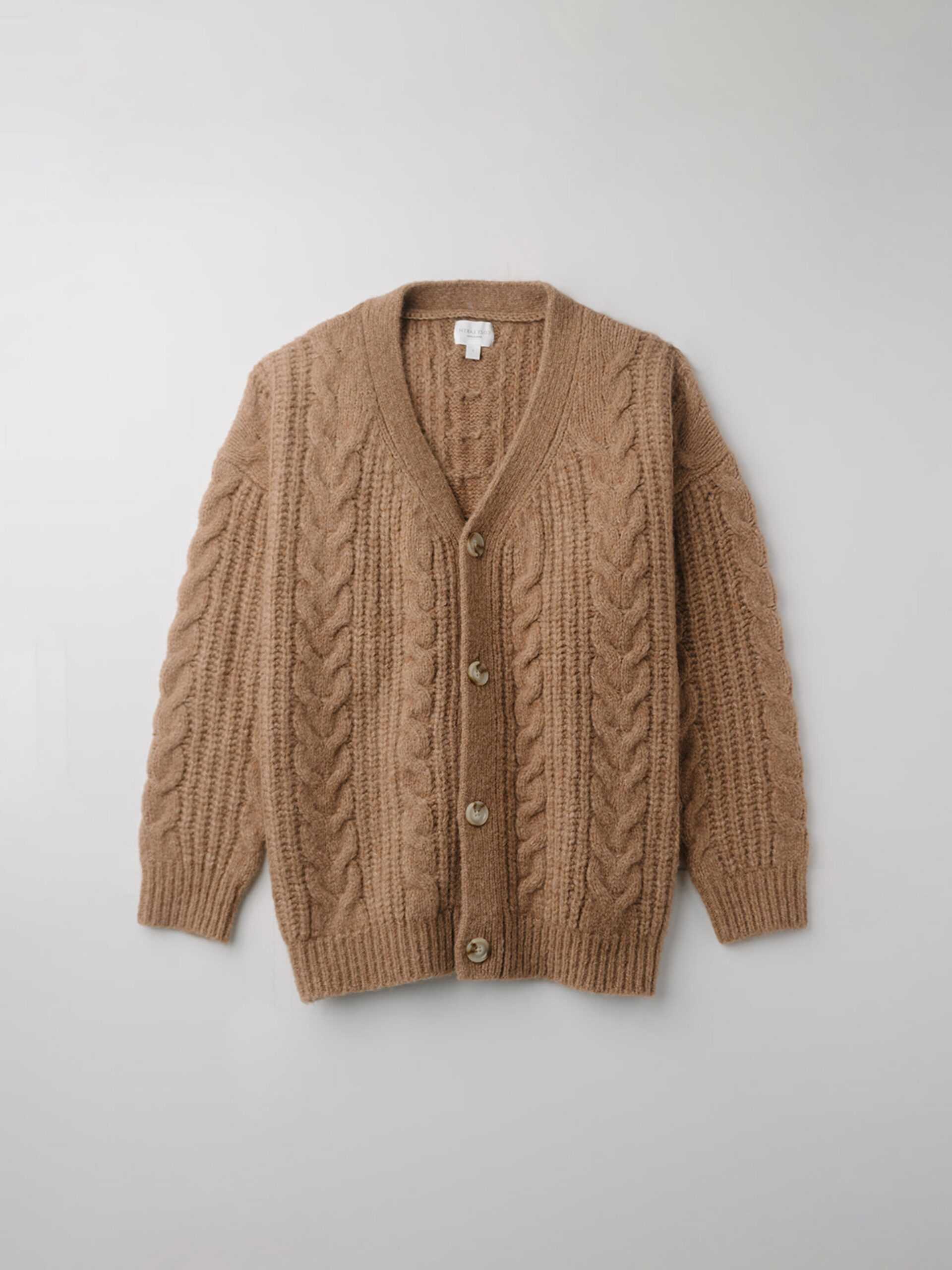 Flay lay of camel cable knit cardigan with white background |Color:Camel