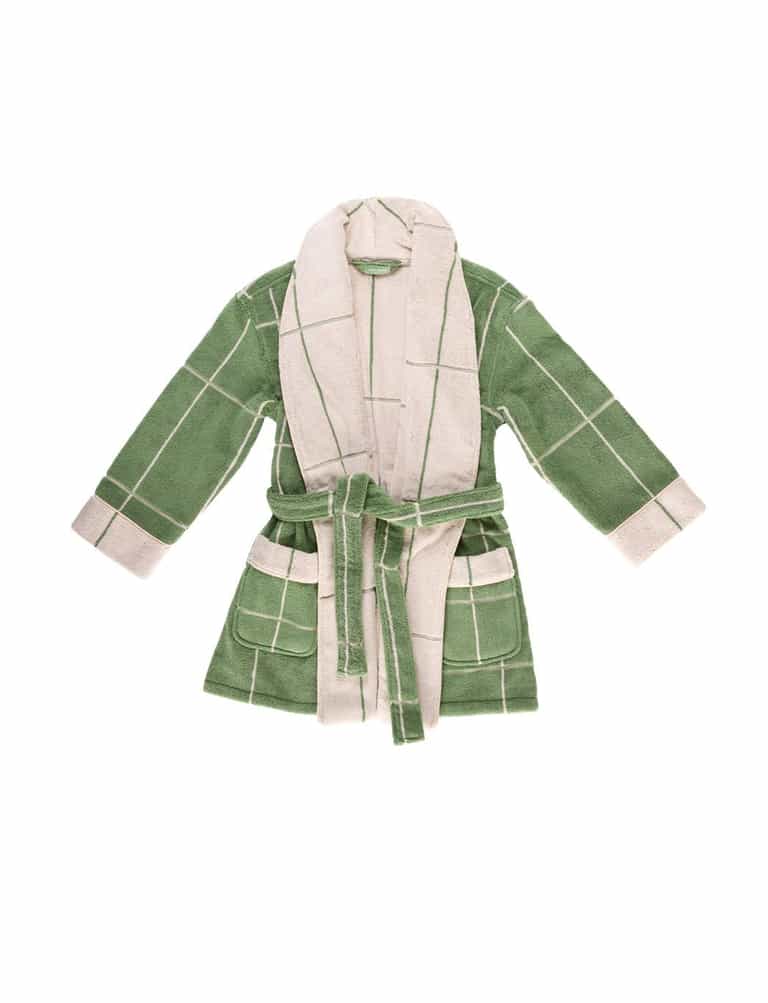 The Cozy Earth Windowpane Resort Robe is a green and beige plaid bathrobe featuring large square patterns, two front pockets, and a matching belt, all displayed on a white background. |Color:Prickly Pear