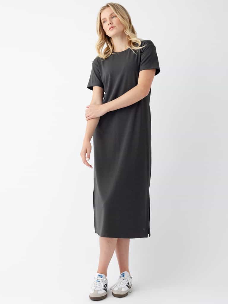 Woman in charcoal midi dress with white background |Color:Charcoal