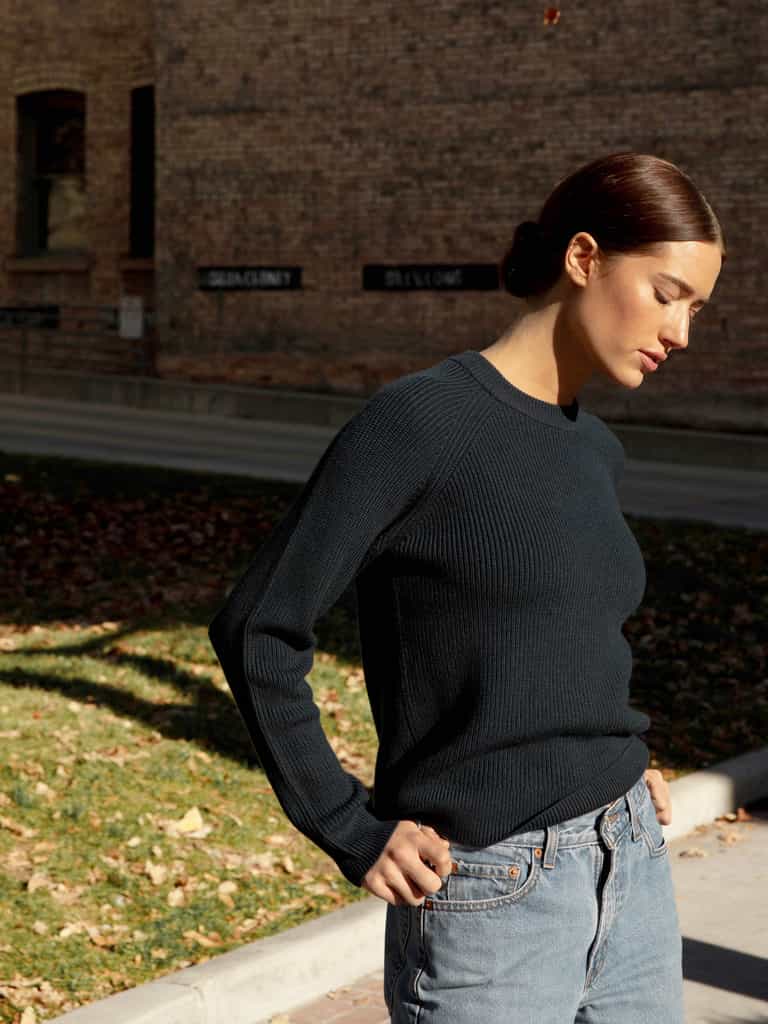 Woman wearing eclipse classic crewneck and jeans outside |Color:Eclipse