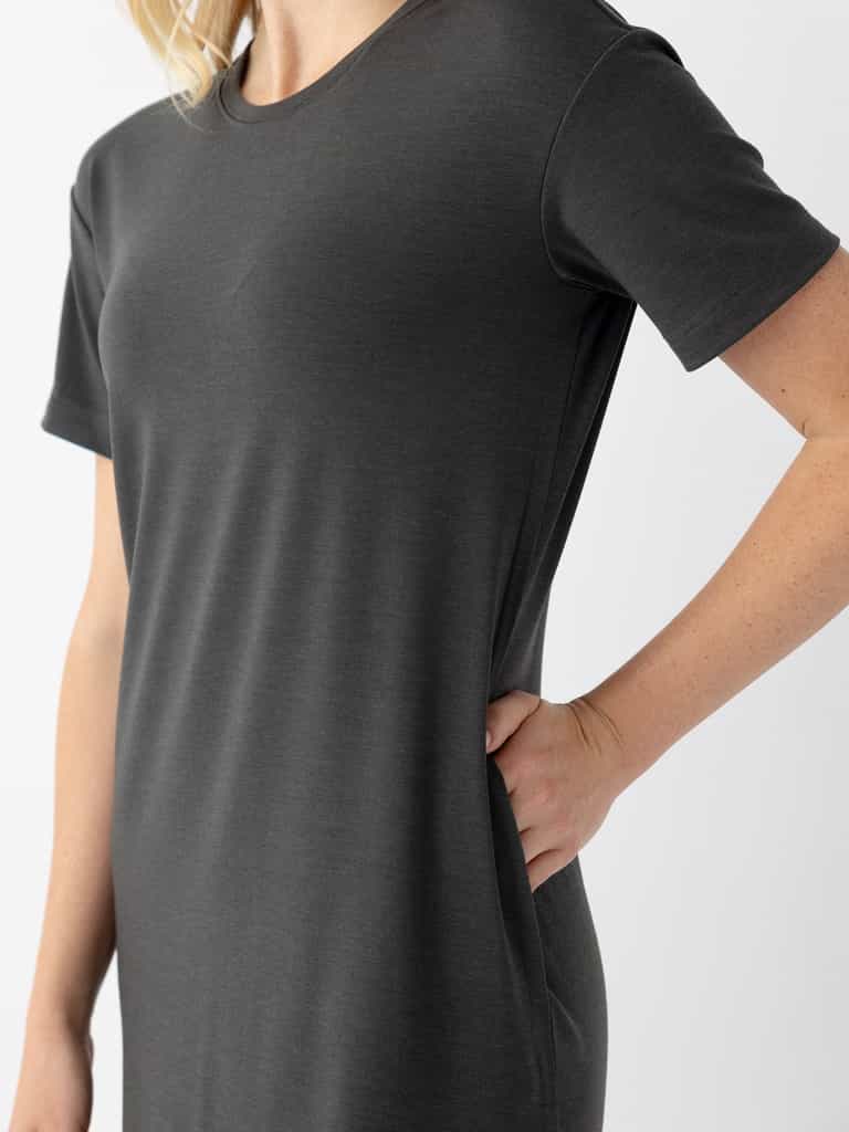 Close up of woman in charcoal midi dress with white background |Color:Charcoal