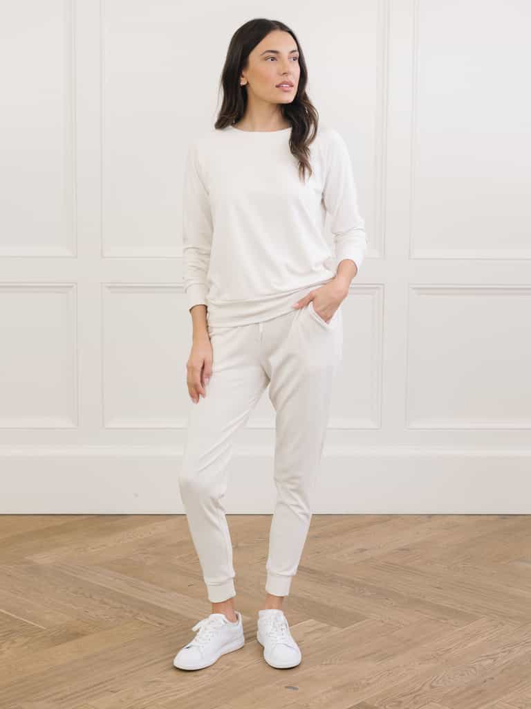 Ivory Bamboo Jogger Set. The photo was taken close up, showing off the print of the joggers. |Color: Ivory