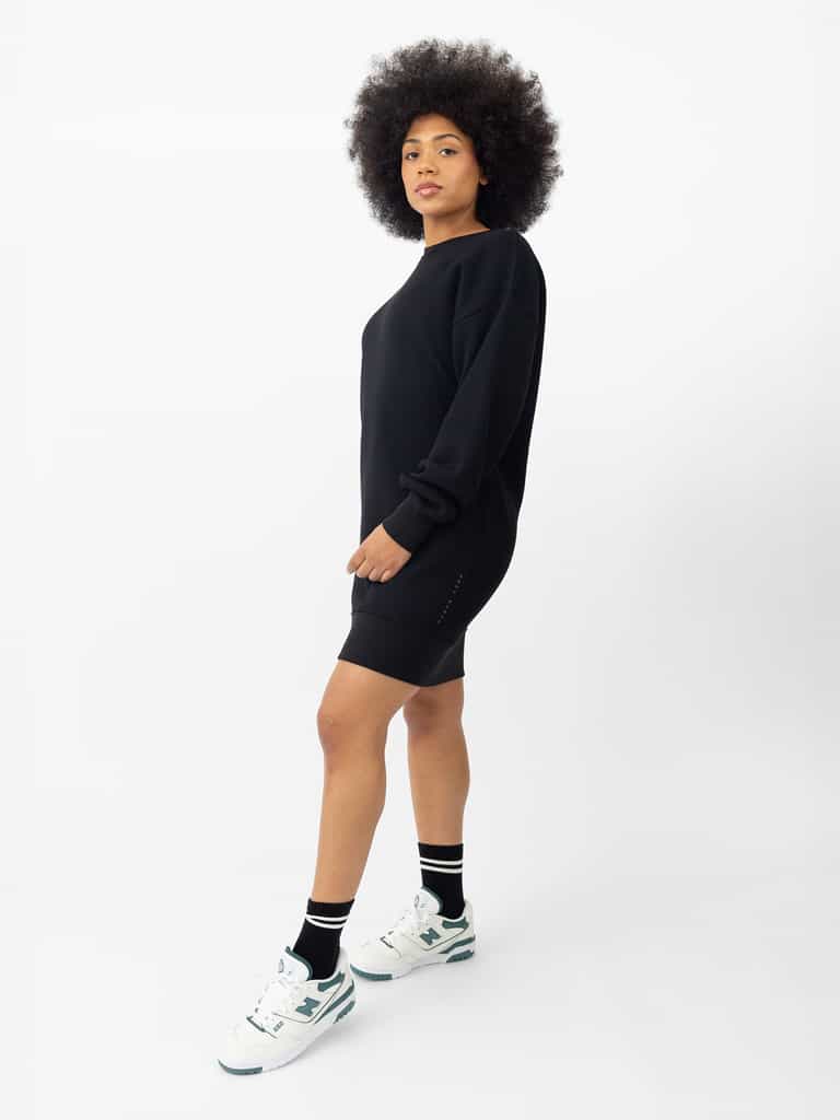 Woman wearing Black CityScape Crewneck Dress with white background |Color:Black