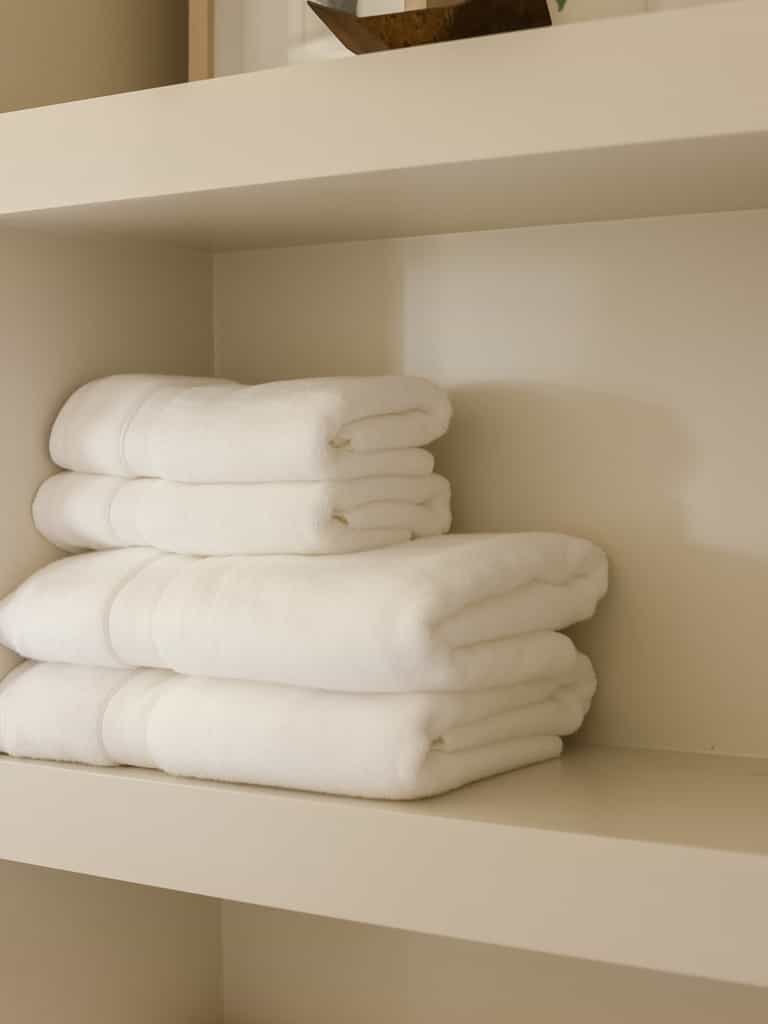 White luxe bath towels and hand towels on shelf |Color:White