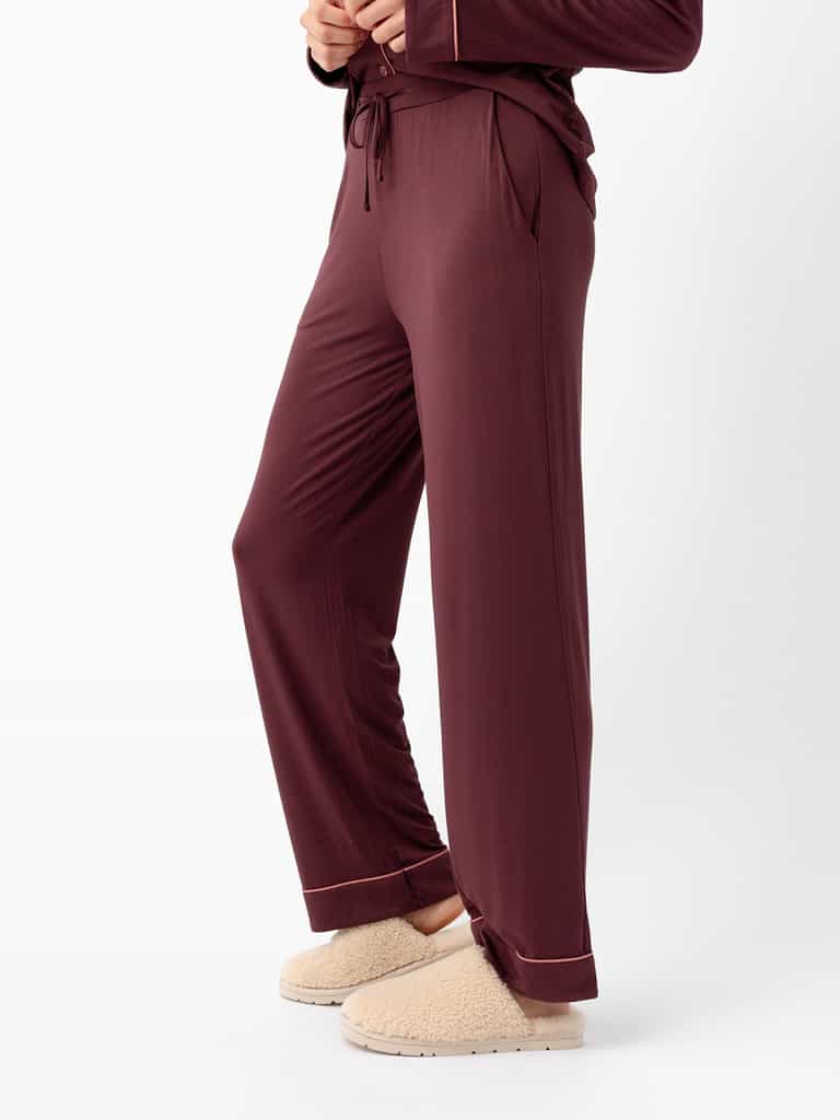 Woman wearing Women's Stretch-Knit Bamboo Pajama Pant in Burgundy |Color:Burgundy