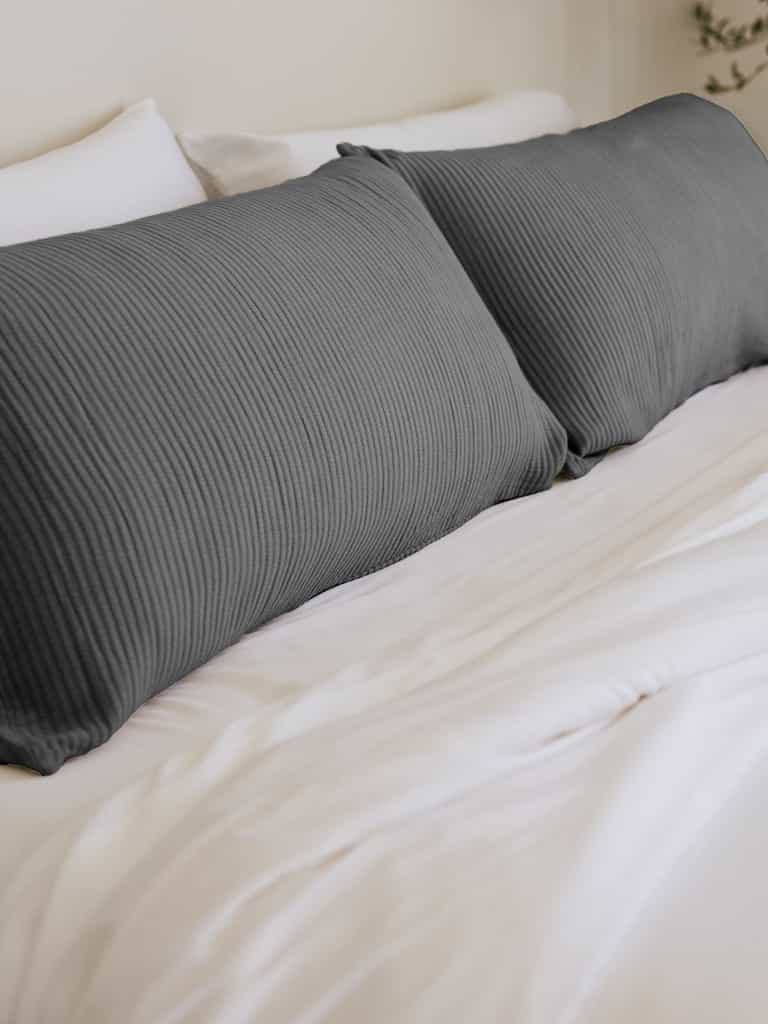 Charcoal coverlet shams on white bed |Color:Charcoal