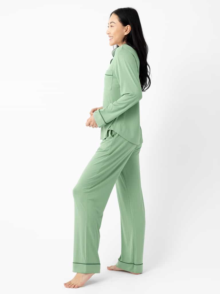 Woman wearing Women's Long Sleeve Bamboo Pajama Top in Stretch-Knit - Fern |Color:Fern