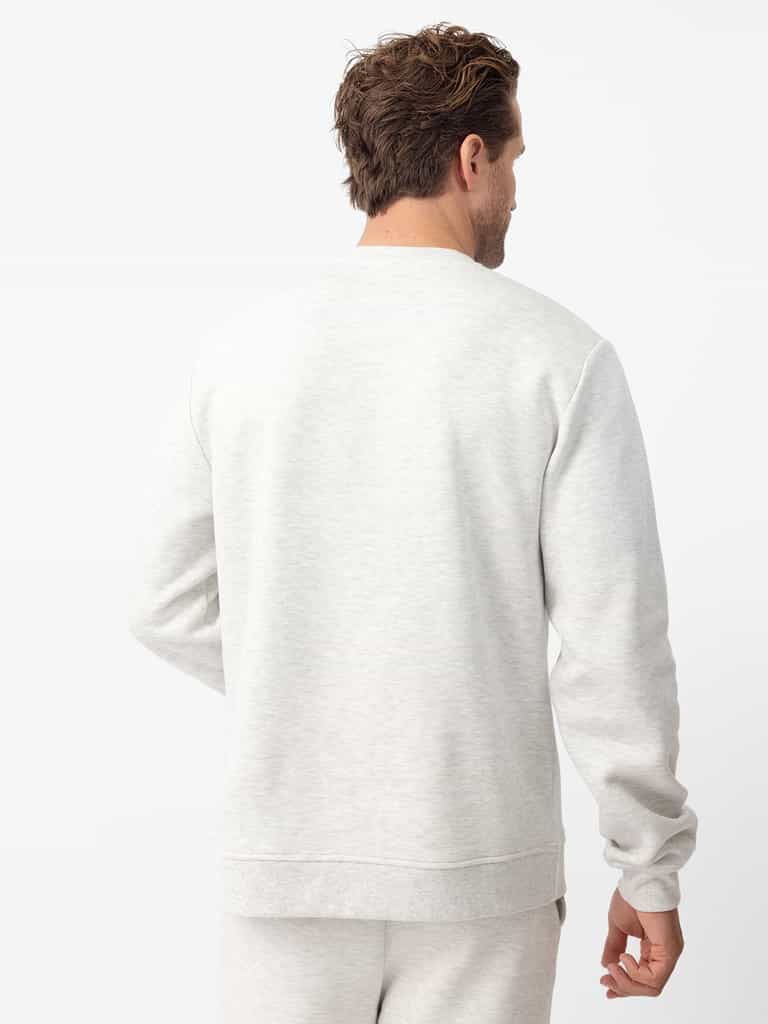 Back of man wearing heather grey cityscape pullover |Color:Heather Grey
