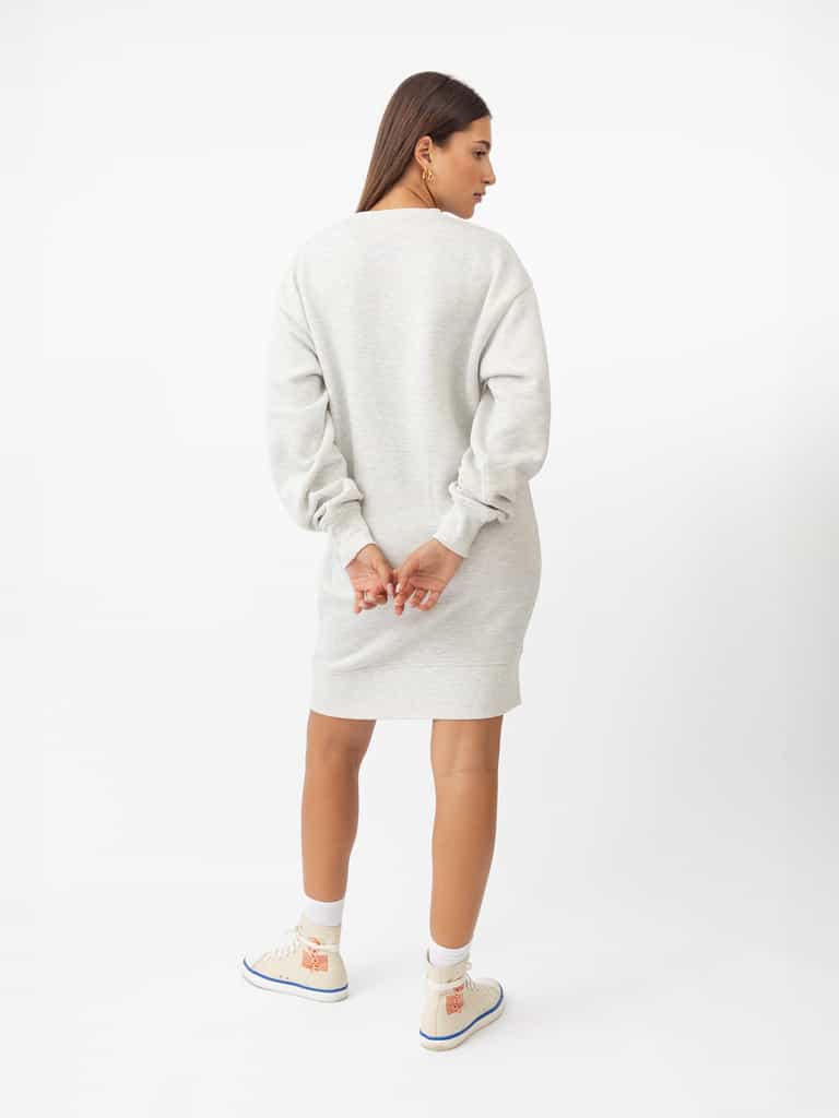 Woman wearing Heather Grey CityScape Crewneck Dress with white background |Color:Heather Grey