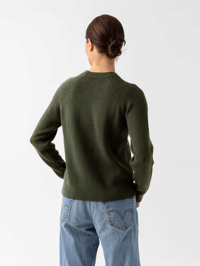 Back of woman wearing juniper classic crewneck and jeans with white background |Color:Juniper