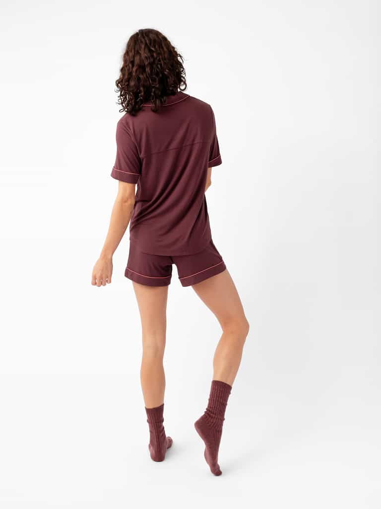 Woman wearing Women's Short Sleeve Bamboo Pajama Top in Stretch-Knit - Burgundy |Color:Burgundy
