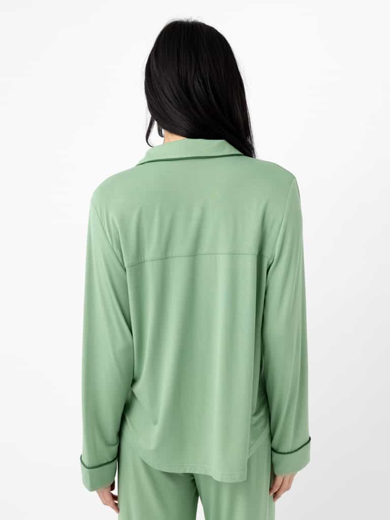 Woman wearing Women's Long Sleeve Bamboo Pajama Top in Stretch-Knit - Fern |Color:Fern