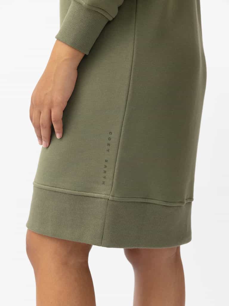 Woman wearing Juniper CityScape Crewneck Dress with white background |Color:Juniper