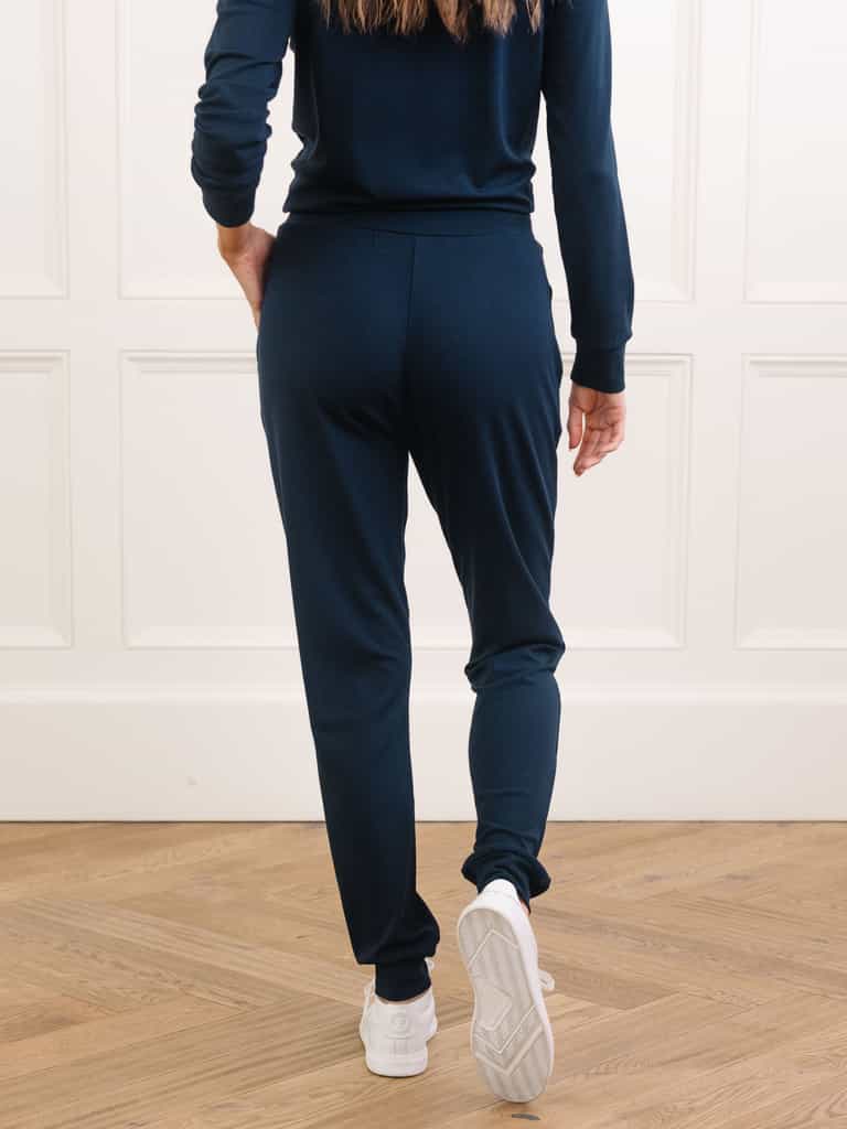 Navy Bamboo Jogger Set. The photo was taken close up, showing off the print of the joggers. |Color: Navy