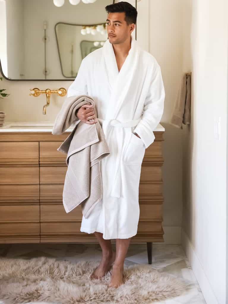 Man in white robe holding sand luxe bath towel |Color:Sand