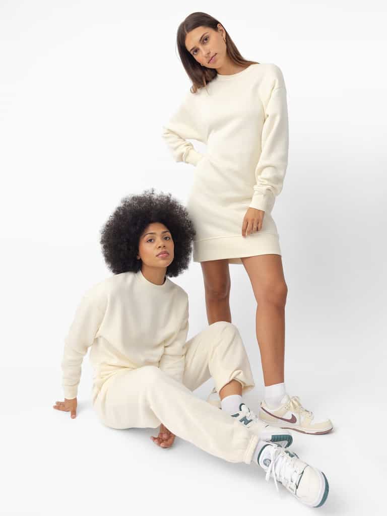 Women wearing Alabaster CityScape Crewneck Dress with white background |Color:Alabaster