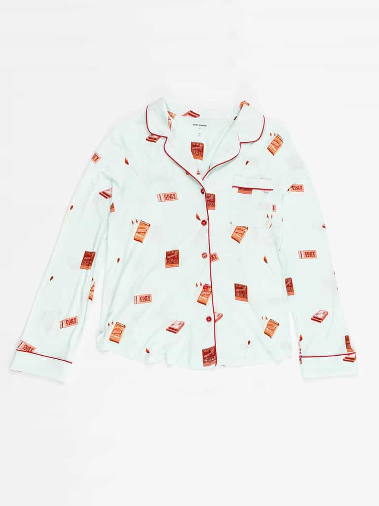 Light blue Cozy Earth "Last Chance" bamboo stretch-knit long-sleeve pajama top, featuring red piping and a pattern of small red and white hotel room key card illustrations. |Color:Perfect Match