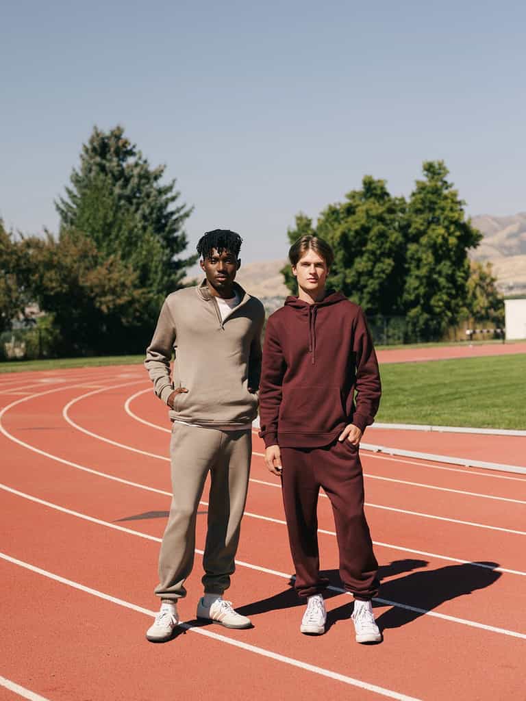 Two people stand on a track field, dressed in casual athletic wear from Cozy Earth. One person is wearing a light grey Men's CityScape Quarter Zip and joggers, while the other sports a maroon Men's CityScape Quarter Zip paired with matching joggers. Both have their hands in their pockets and are looking at the camera, with trees and hills providing a scenic background. |Color:Ebony