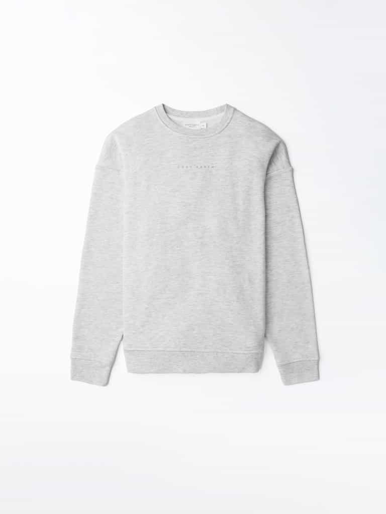 Heather Grey CityScape Pullover Crew laying flat on a white background. |Color:Heather Grey