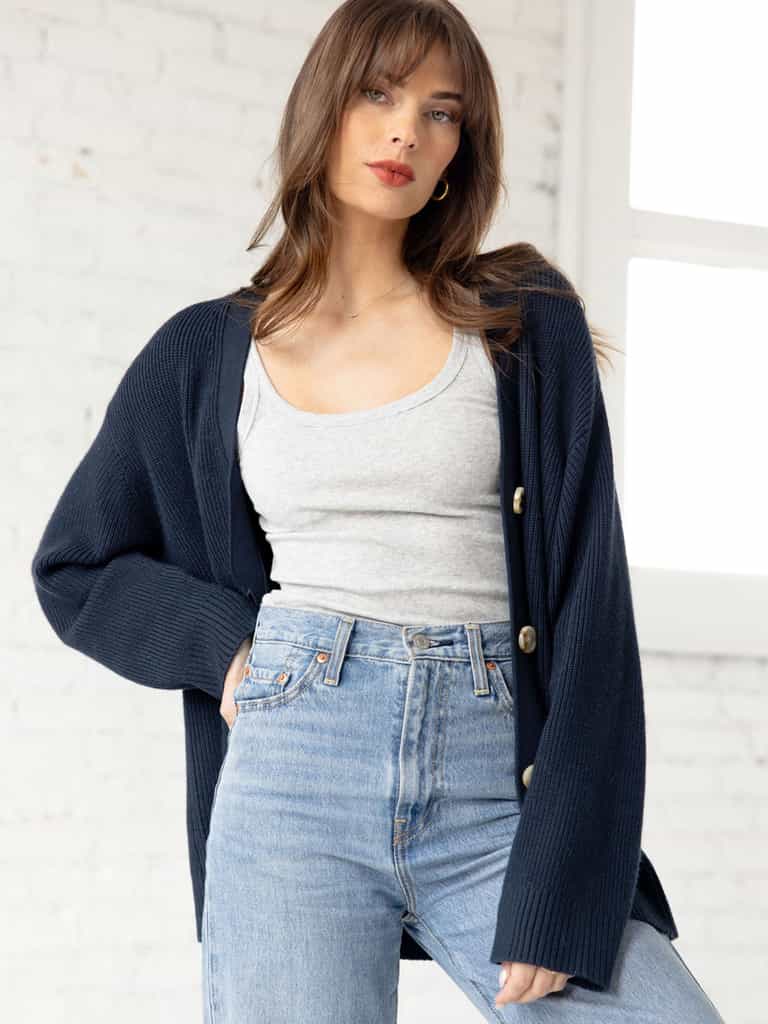 Woman wearing grey tank, jeans, and eclipse cardigan |Color:Eclipse