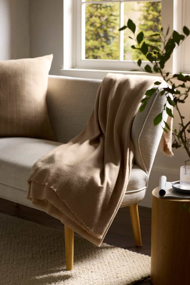 The Cozy Earth Cashmere Fringe Blanket in beige is draped over a light gray sofa with a matching cushion, beside a leafy plant and a side table with a glass of water, in a bright, sunlit living room.|Color:Dune