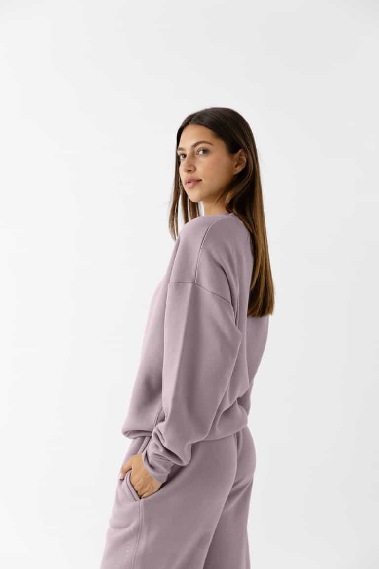 Side view of woman wearing dusty orchid cityscape set |Color:Dusty Orchid